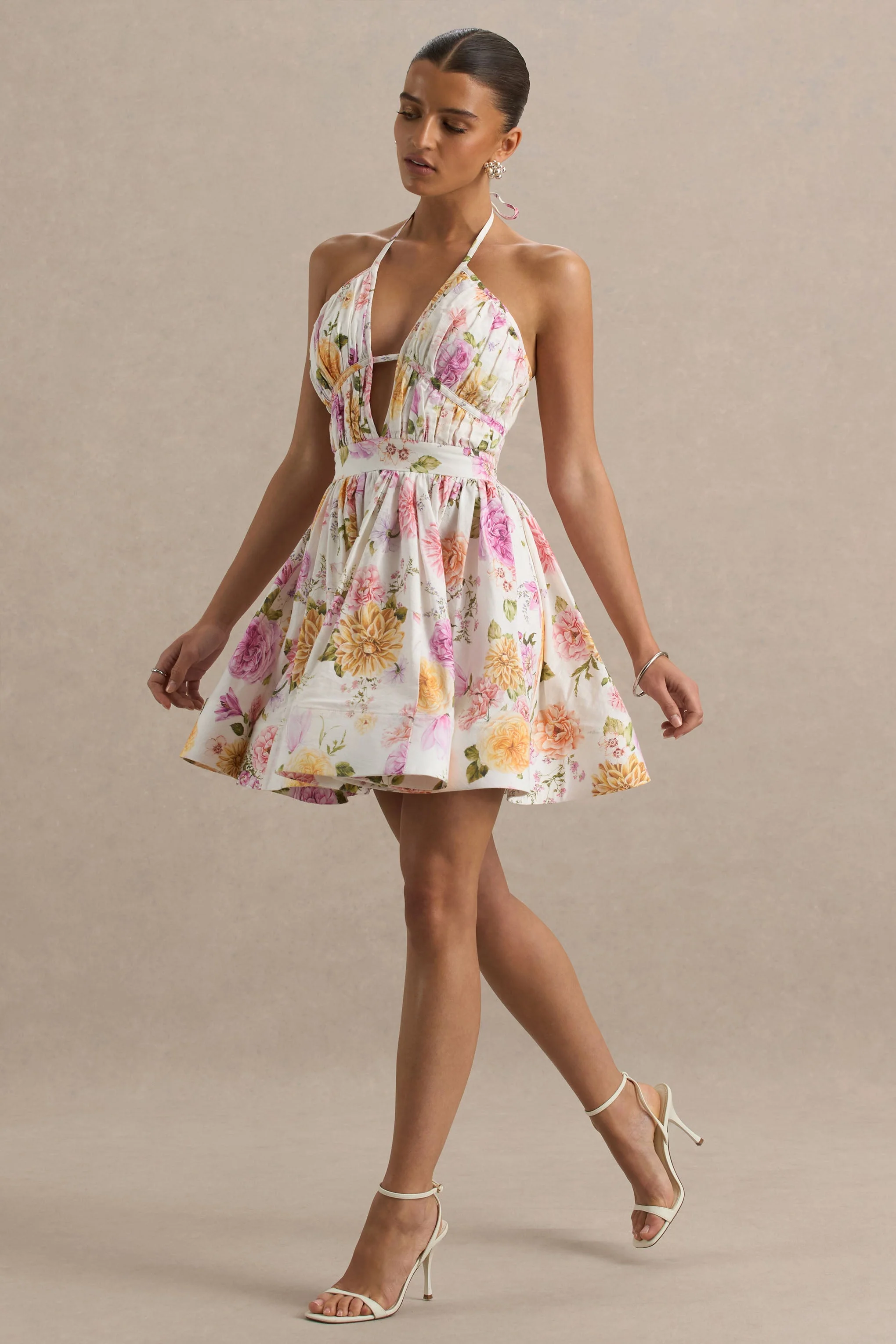 Kasey | Cream Floral Print Halter-Neck Mini Dress With Ruffle Detail