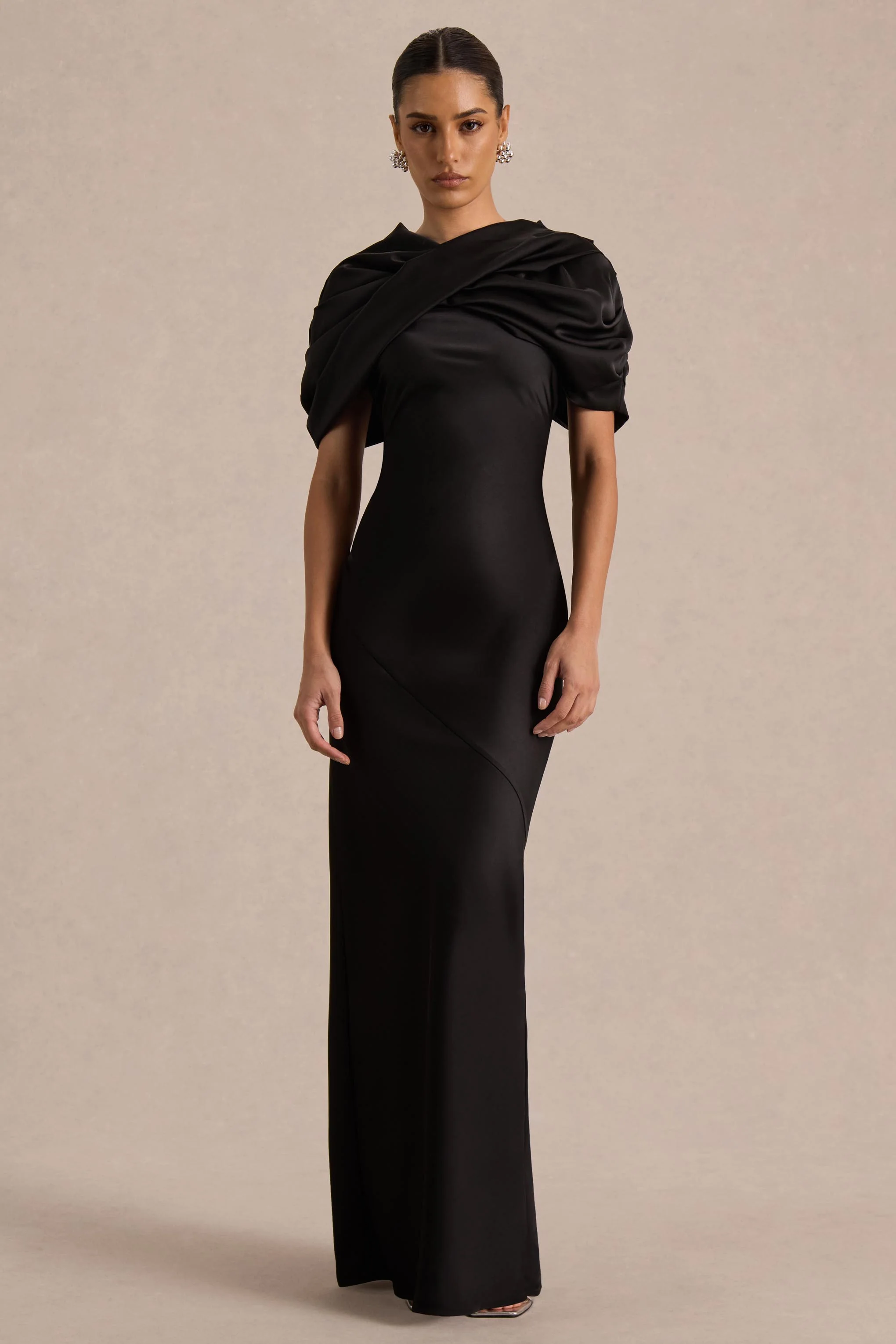 Yoli | Black Satin Maxi Dress With Twist-Cape