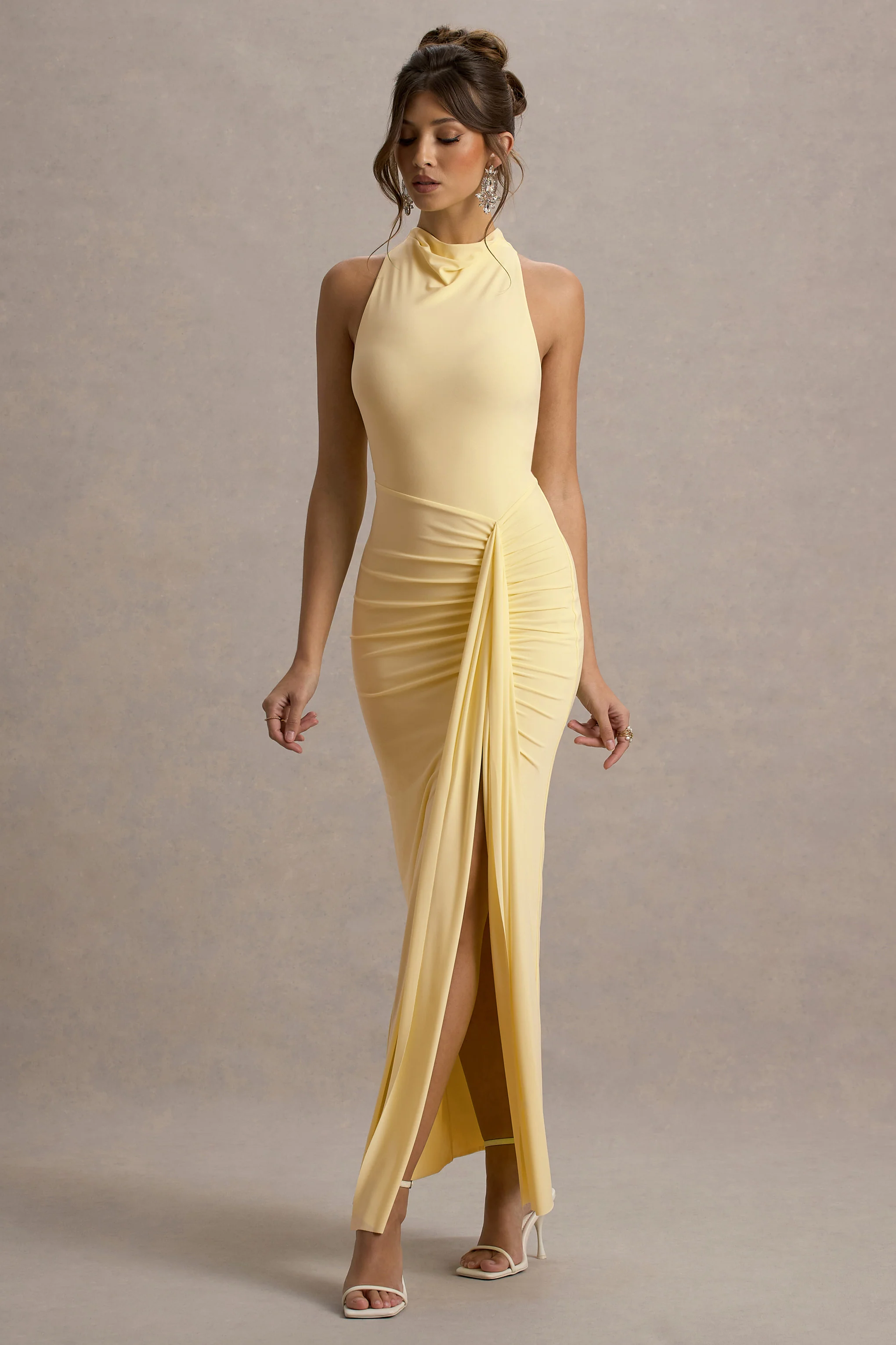 Sunflower | Pale Lemon Ruched High-Neck Split Maxi Dress