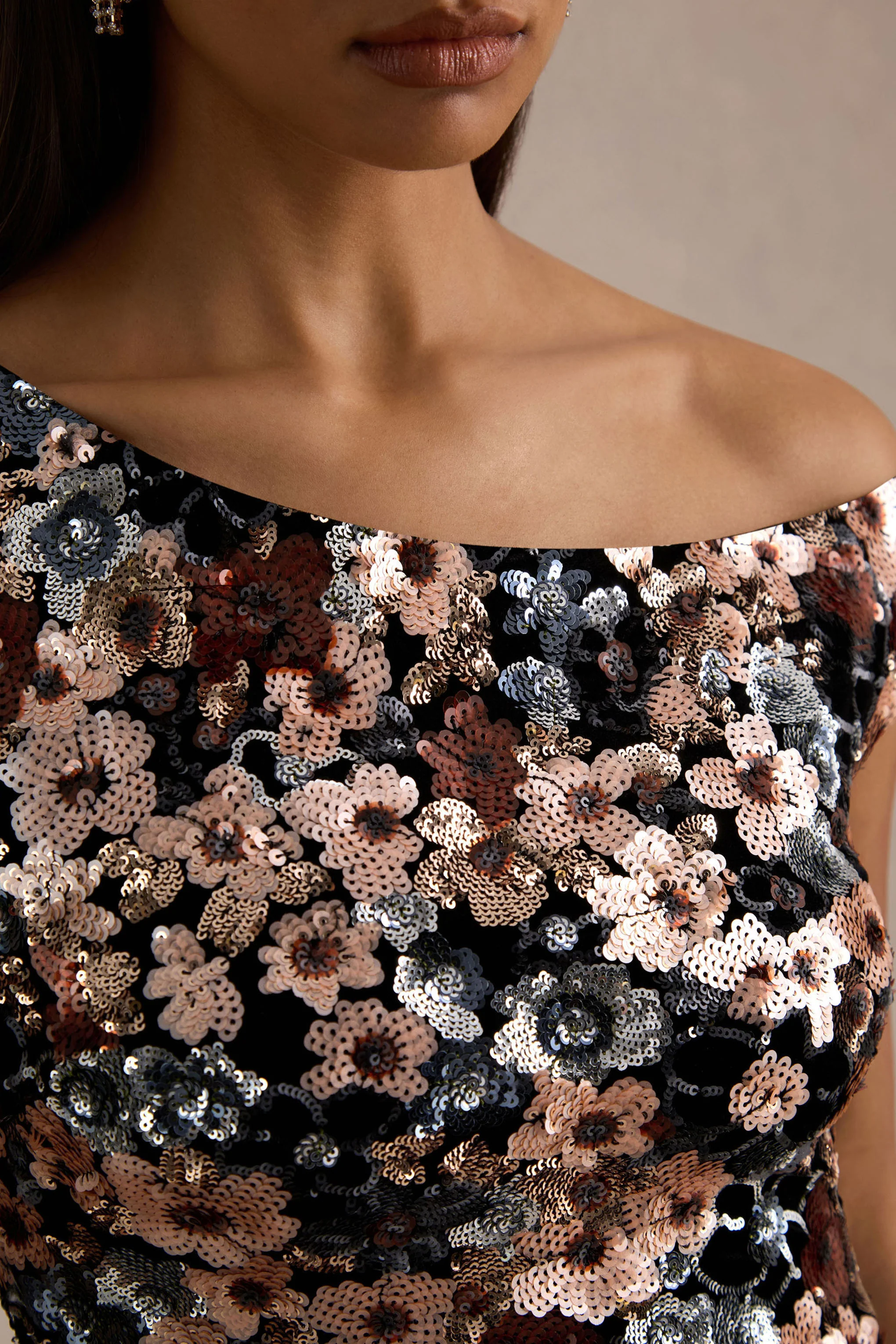 Electric | Black Sequin Floral Velvet Asymmetric-Neck Maxi Dress