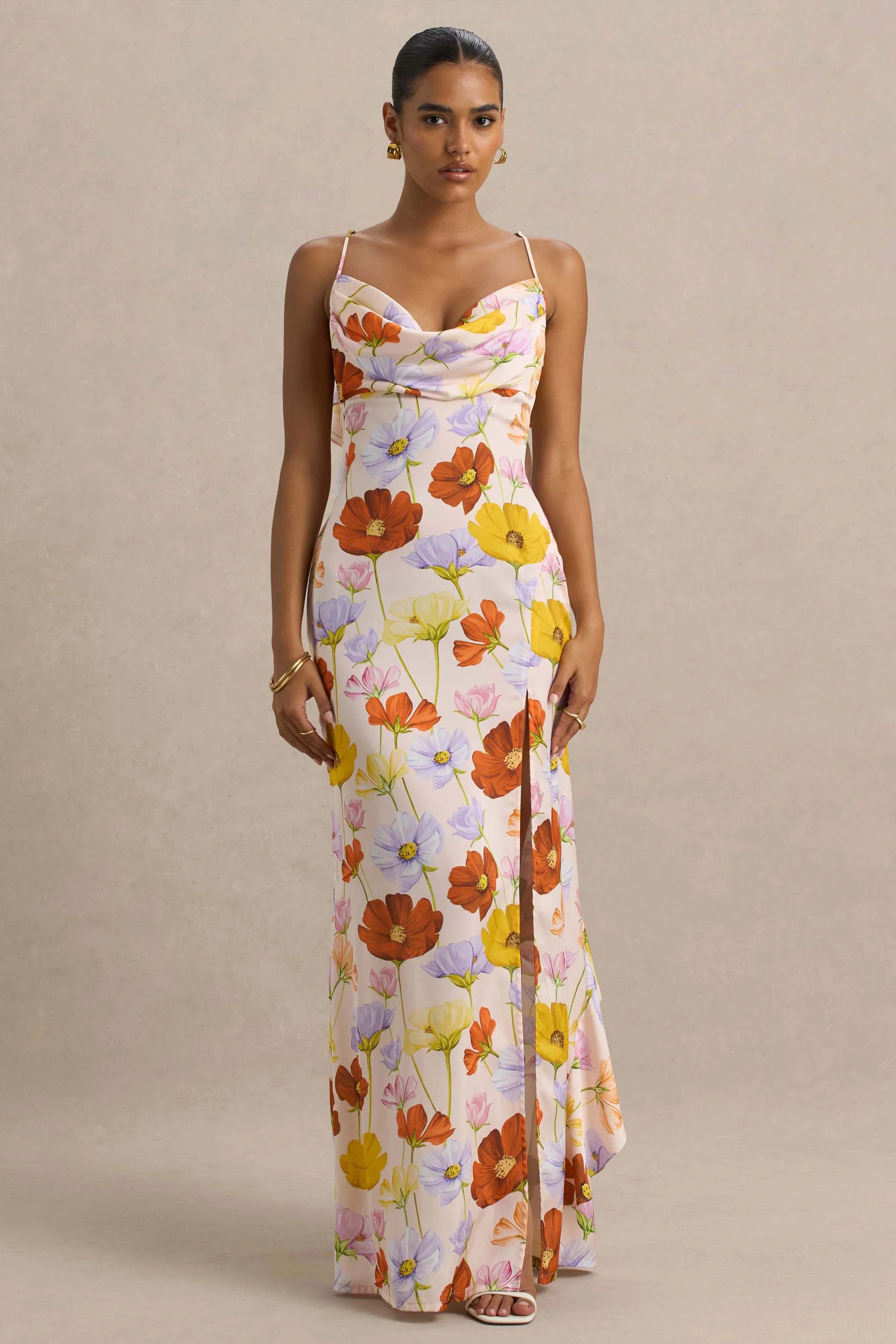Thames | Bright Floral Print Satin Cowl-Neck Maxi Dress