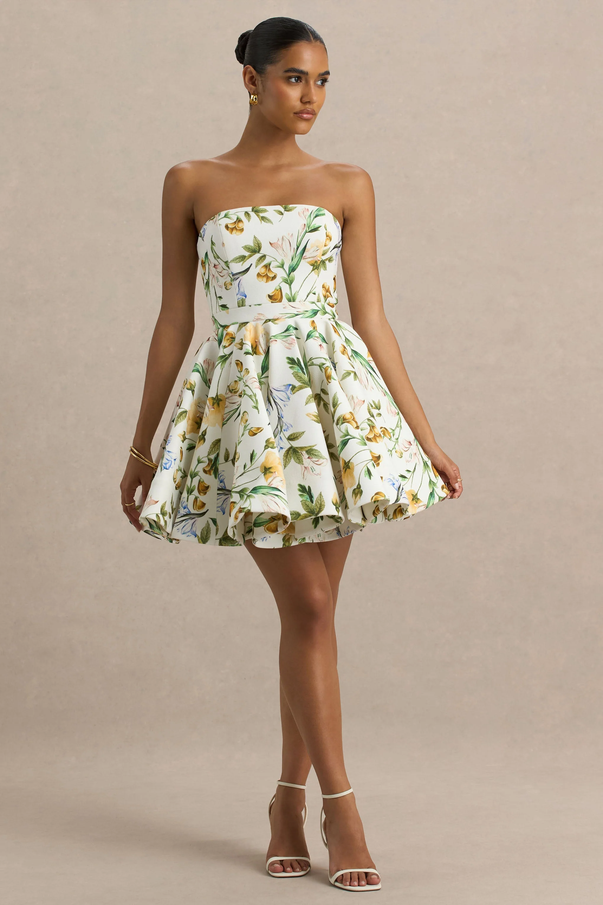 Valerian | White Botanical Print Bandeau Mini Dress With Ruffle Hem