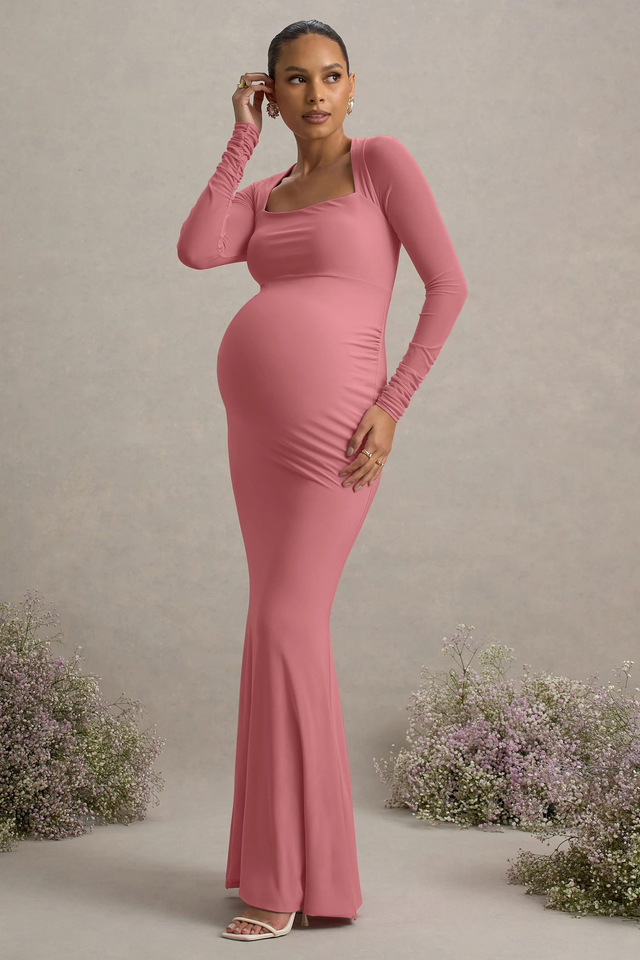 Abeam | Blush Pink Maternity Maxi Dress With Sheer Sleeves