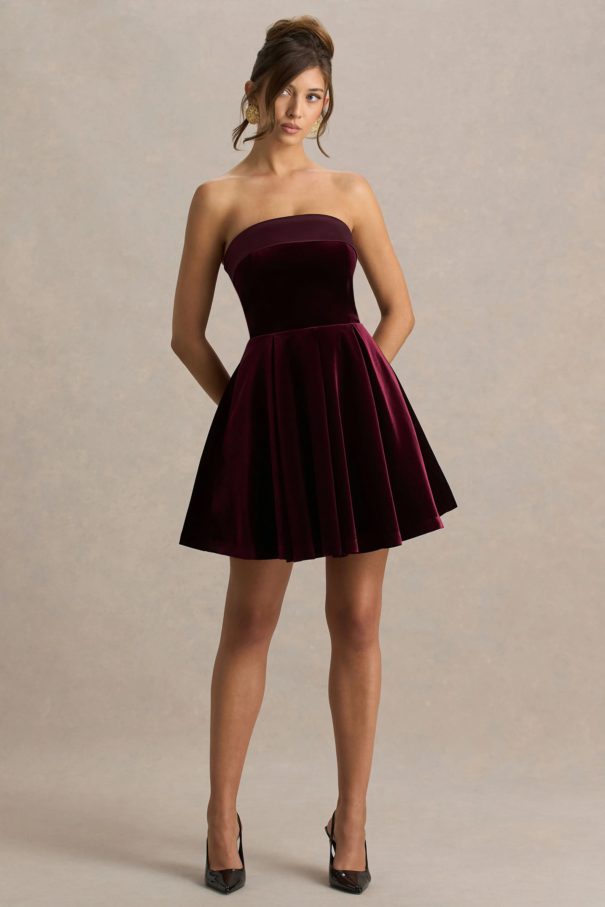 Mina | Burgundy Velvet And Satin Bandeau-Neck Skater Mini Dress