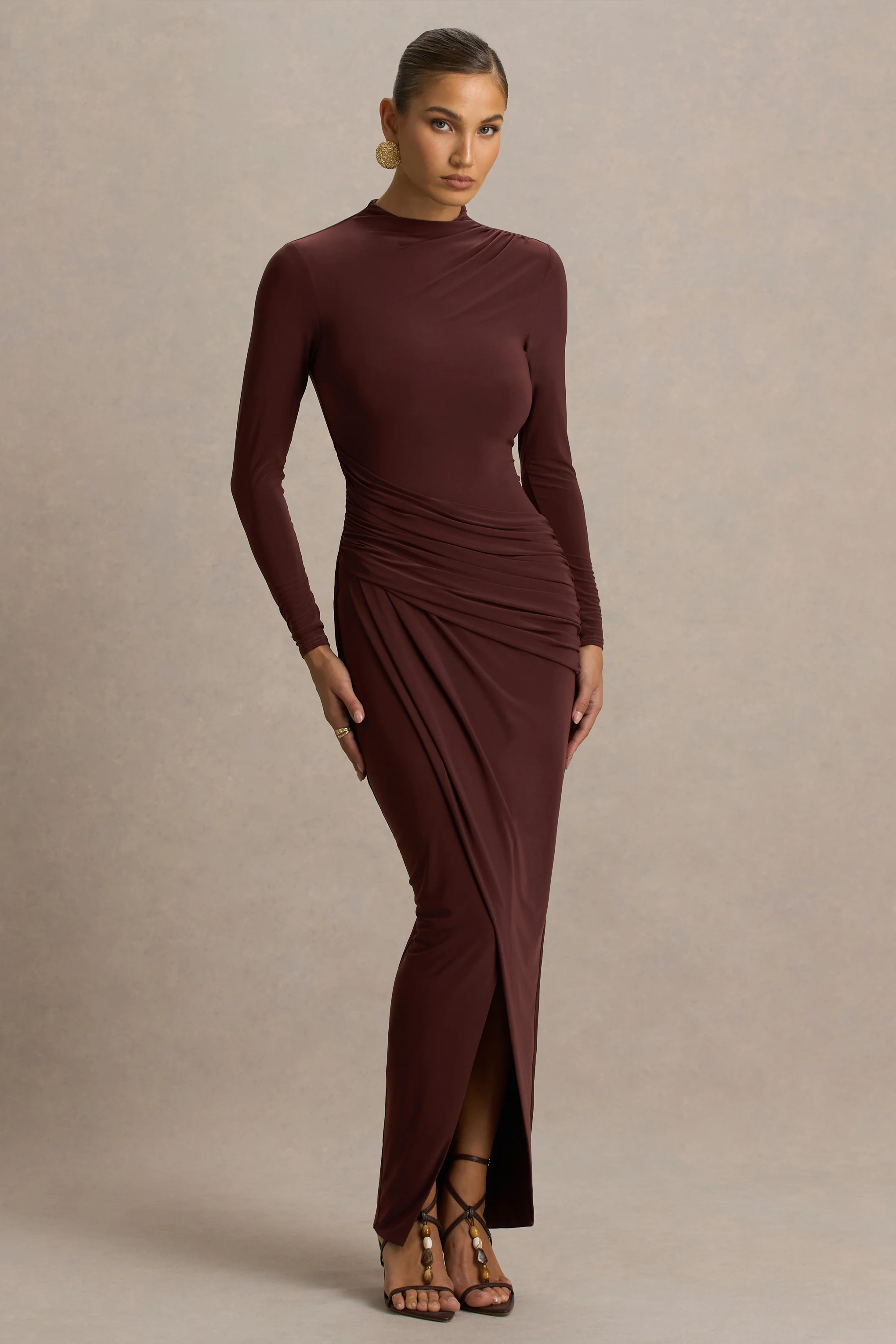 Zephyra | Brown High-Neck Wrapped Maxi Dress