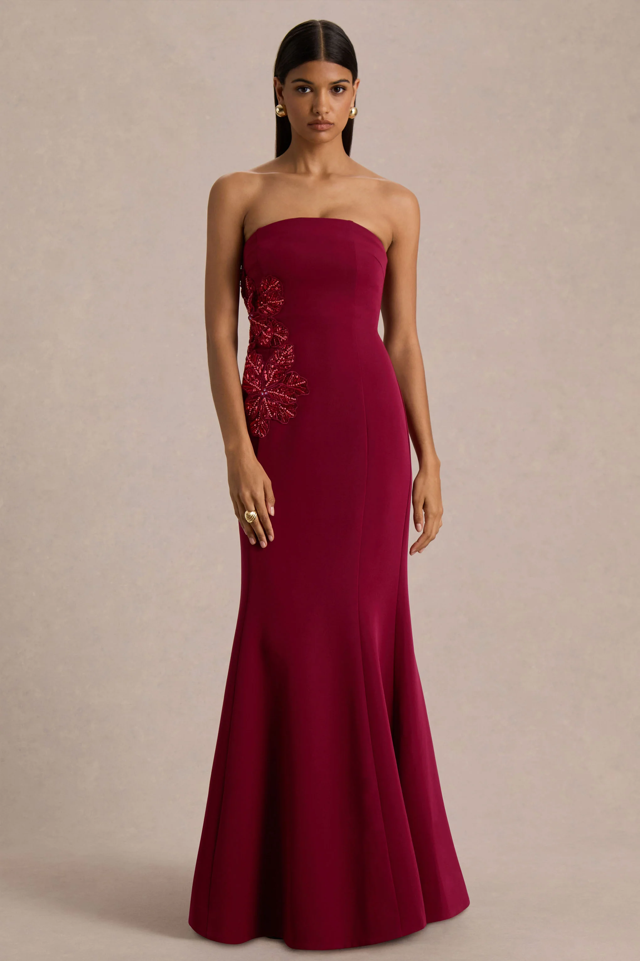 Aylana | Burgundy Bandeau Maxi Dress With Embellishment Detail