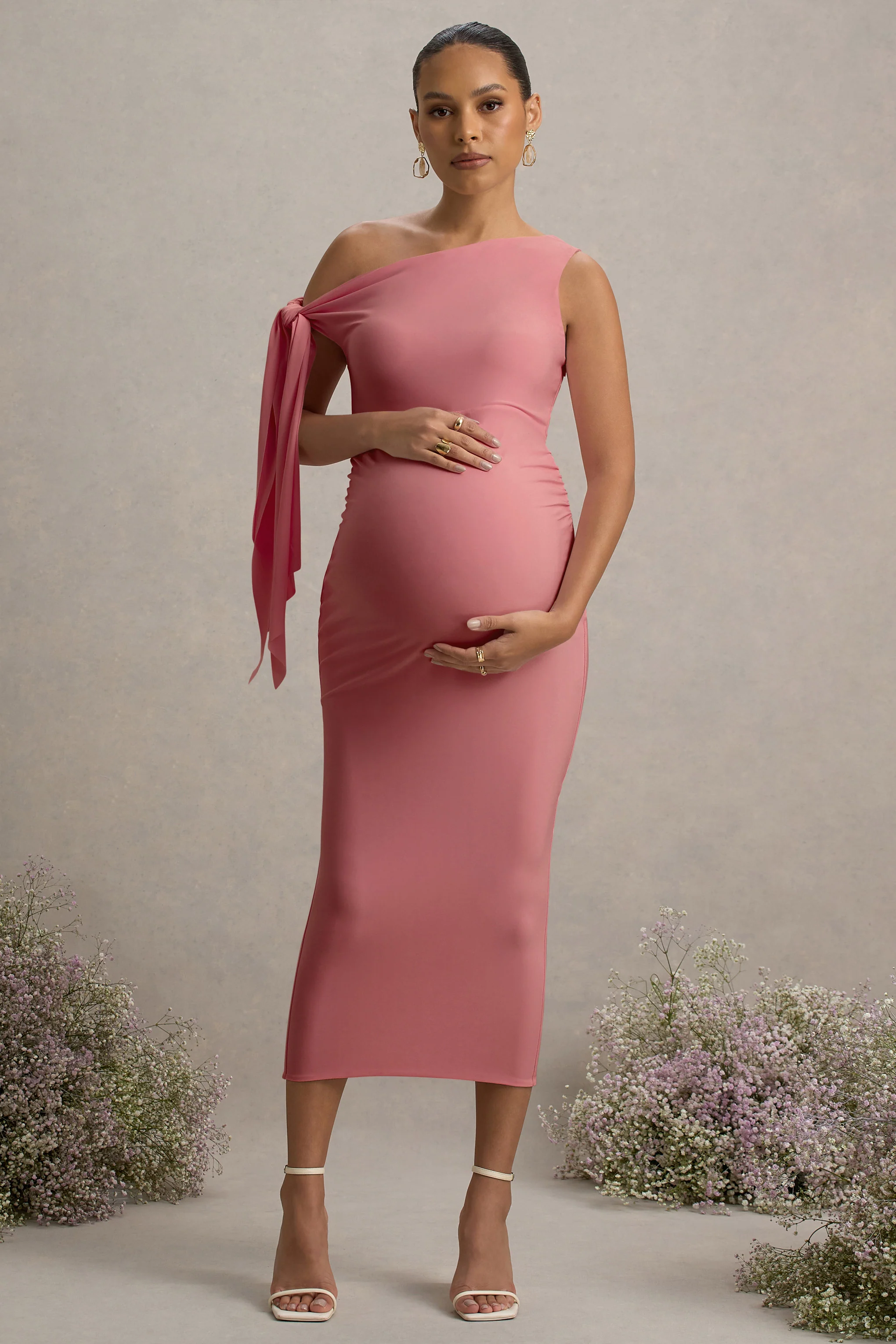 Katarine | Pink Asymmetric Knot Maternity Midi Dress