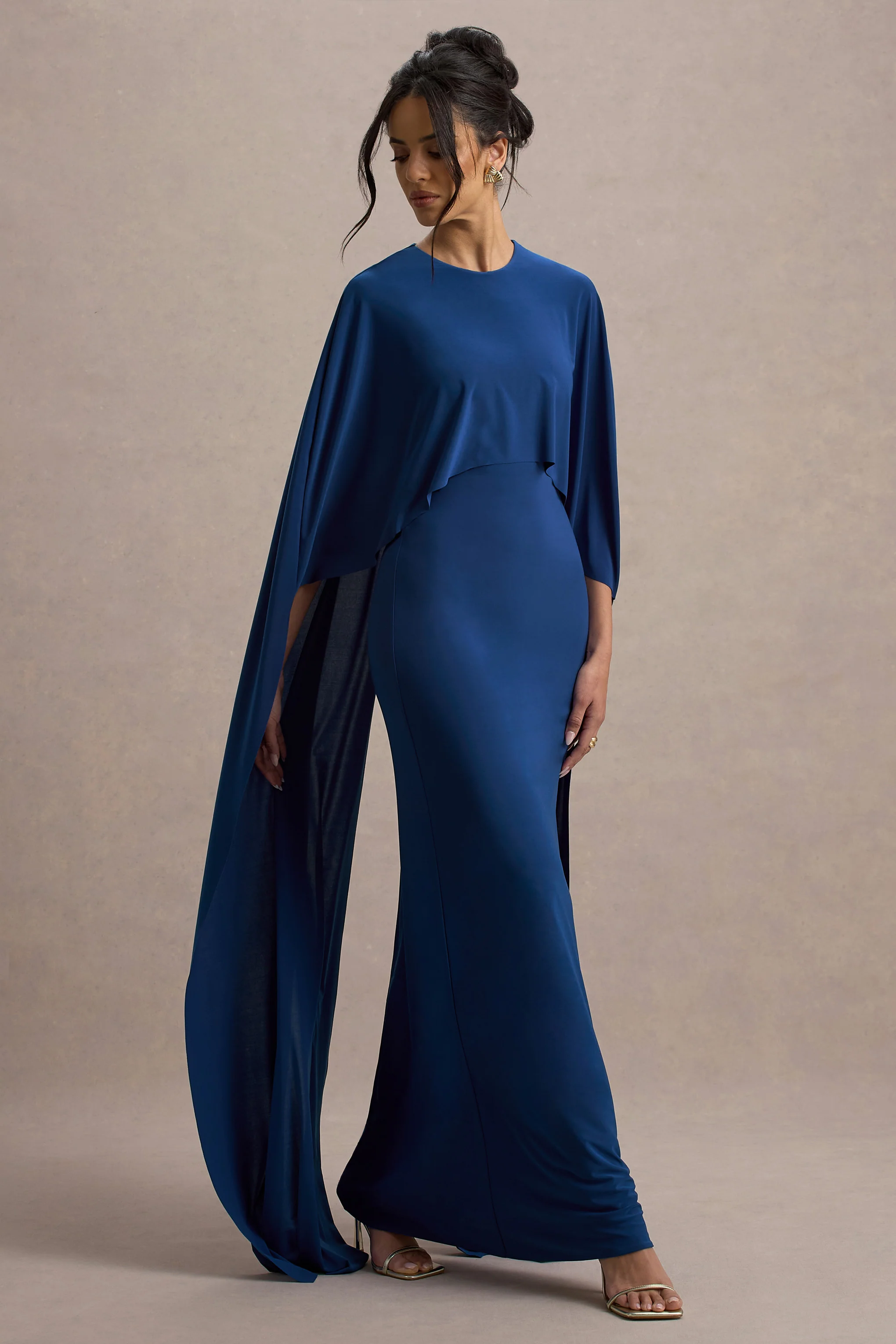 Padma | Blue Draped Maxi Dress With Cape Sleeves
