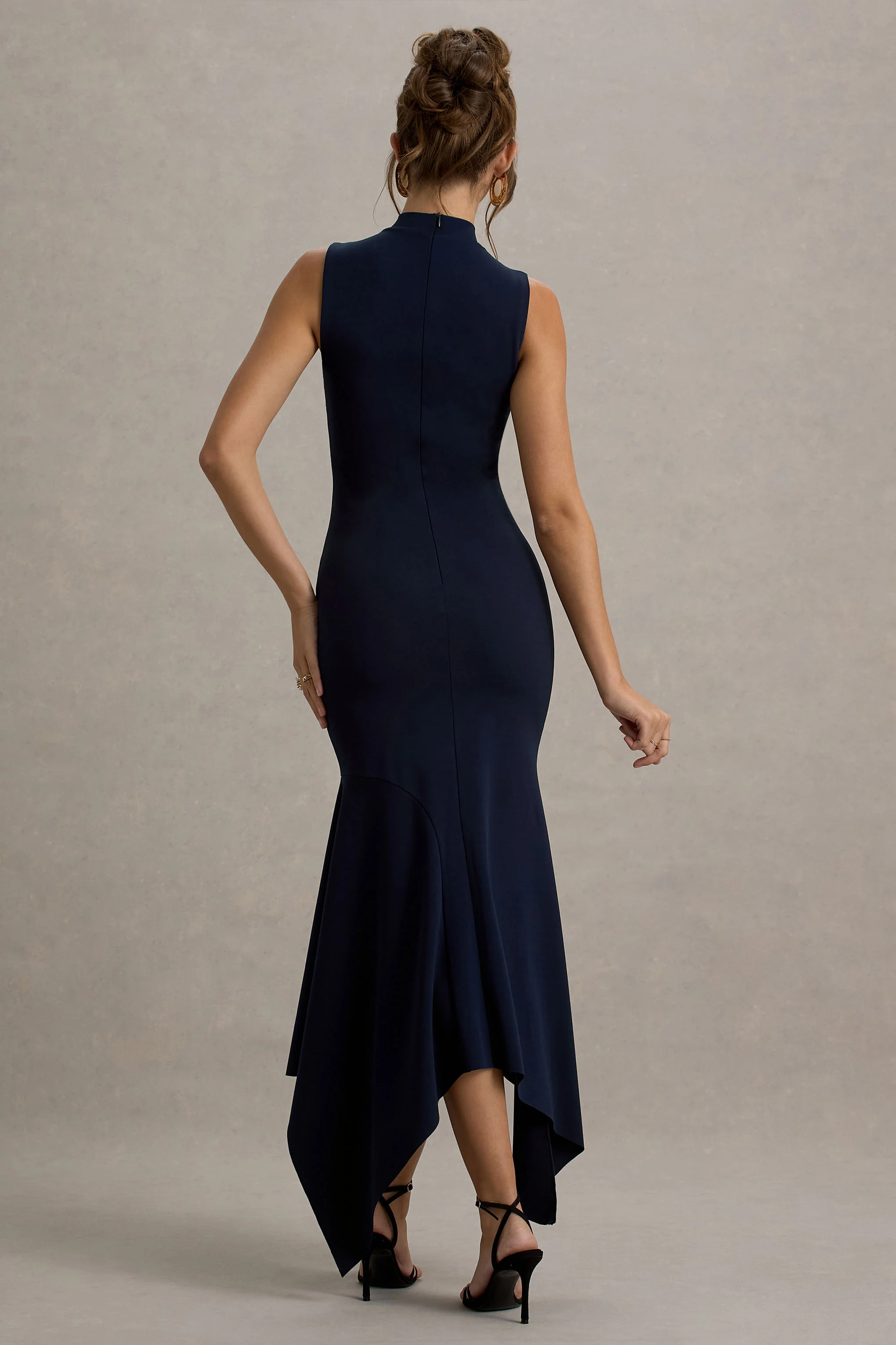 Janice | Navy High-Neck Hanky-Hem Maxi Dress
