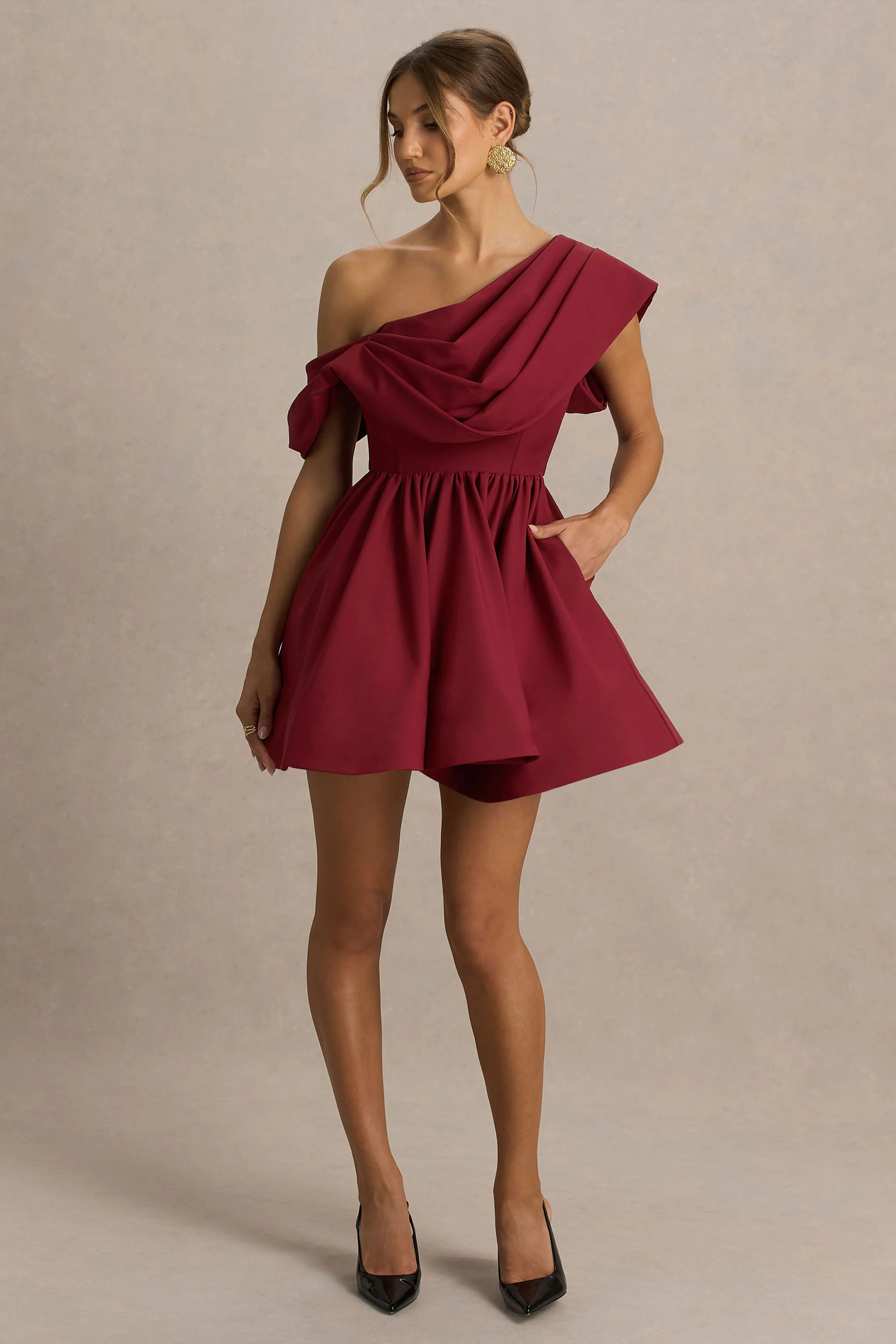 Verona | Burgundy  Draped Asymmetric-Neck Skater Mini Dress