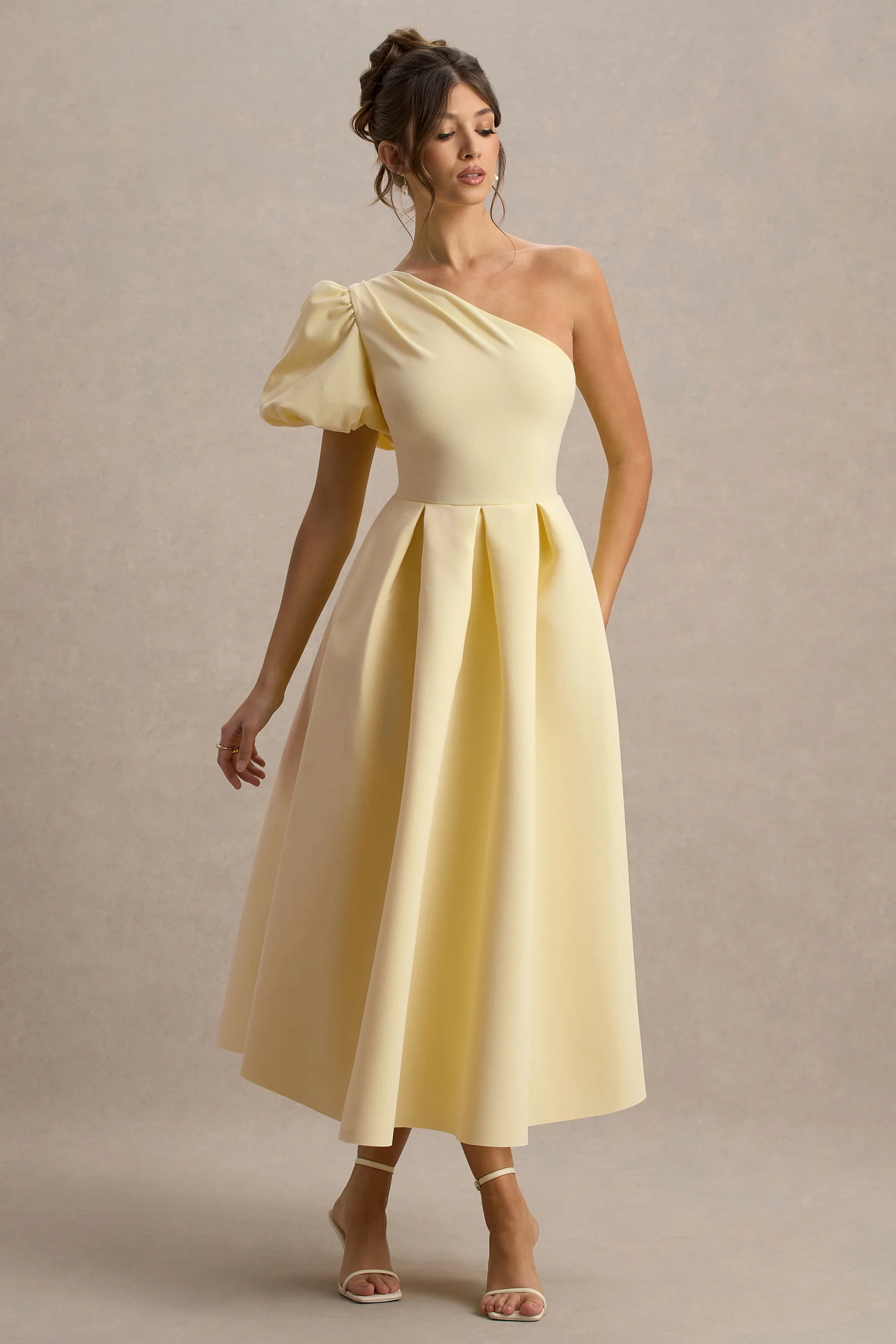Rochelle | Pale Lemon Asymmetric Puff-Sleeve Midi Dress