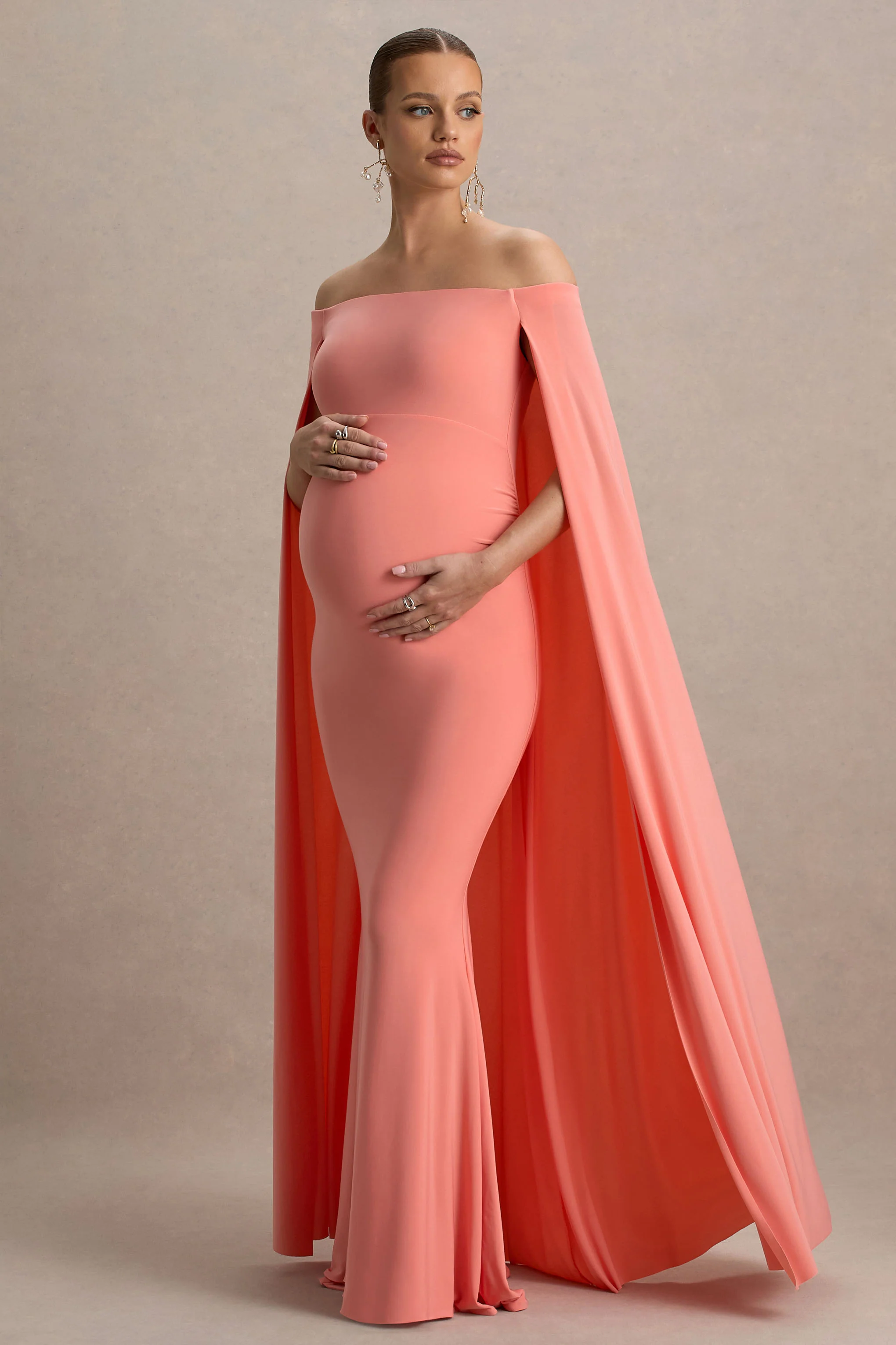 Radiance | Coral Bardot Maternity Maxi Dress With Cape