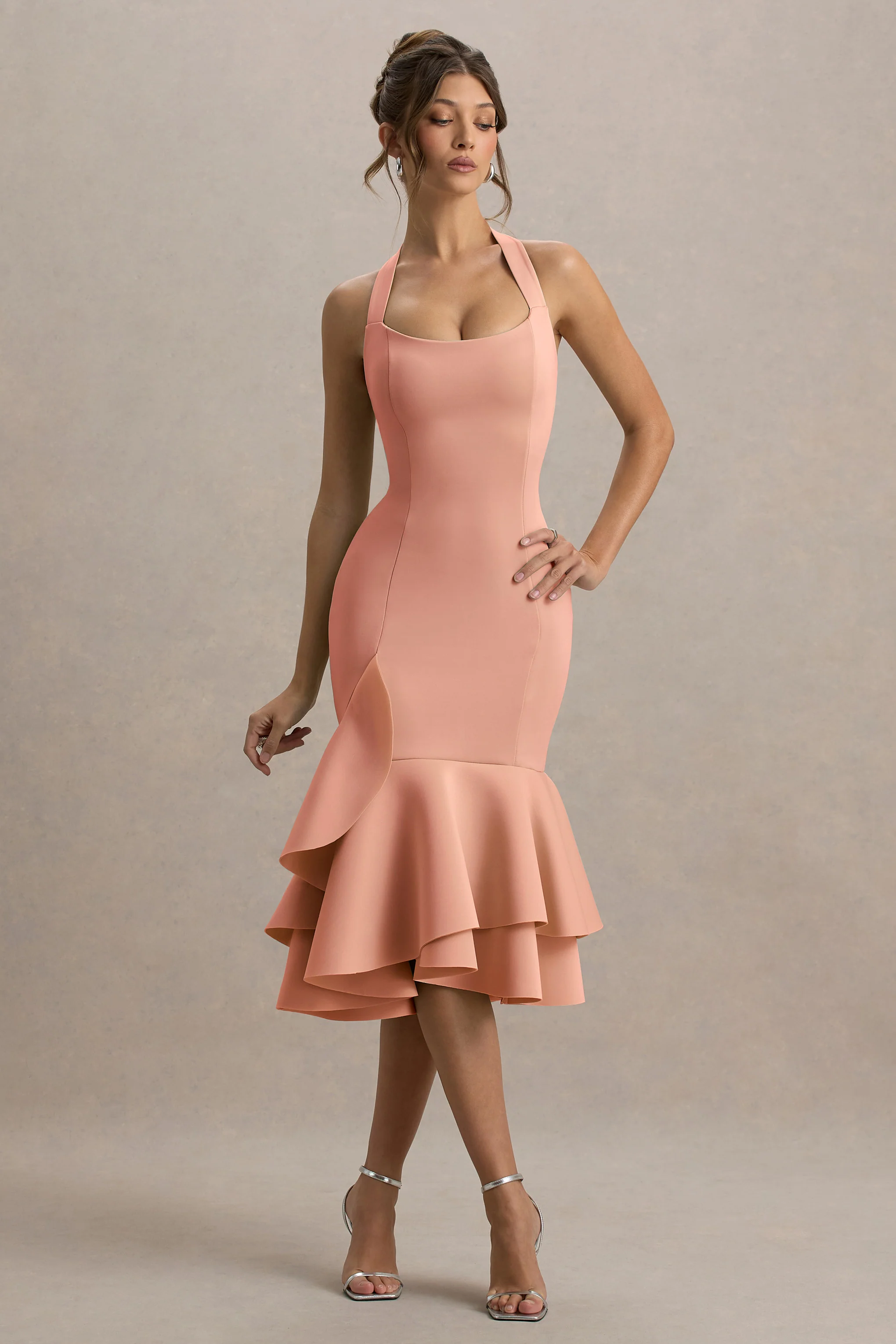 Arla | Pink Halter Neck Ruffle Trim Midi Dress