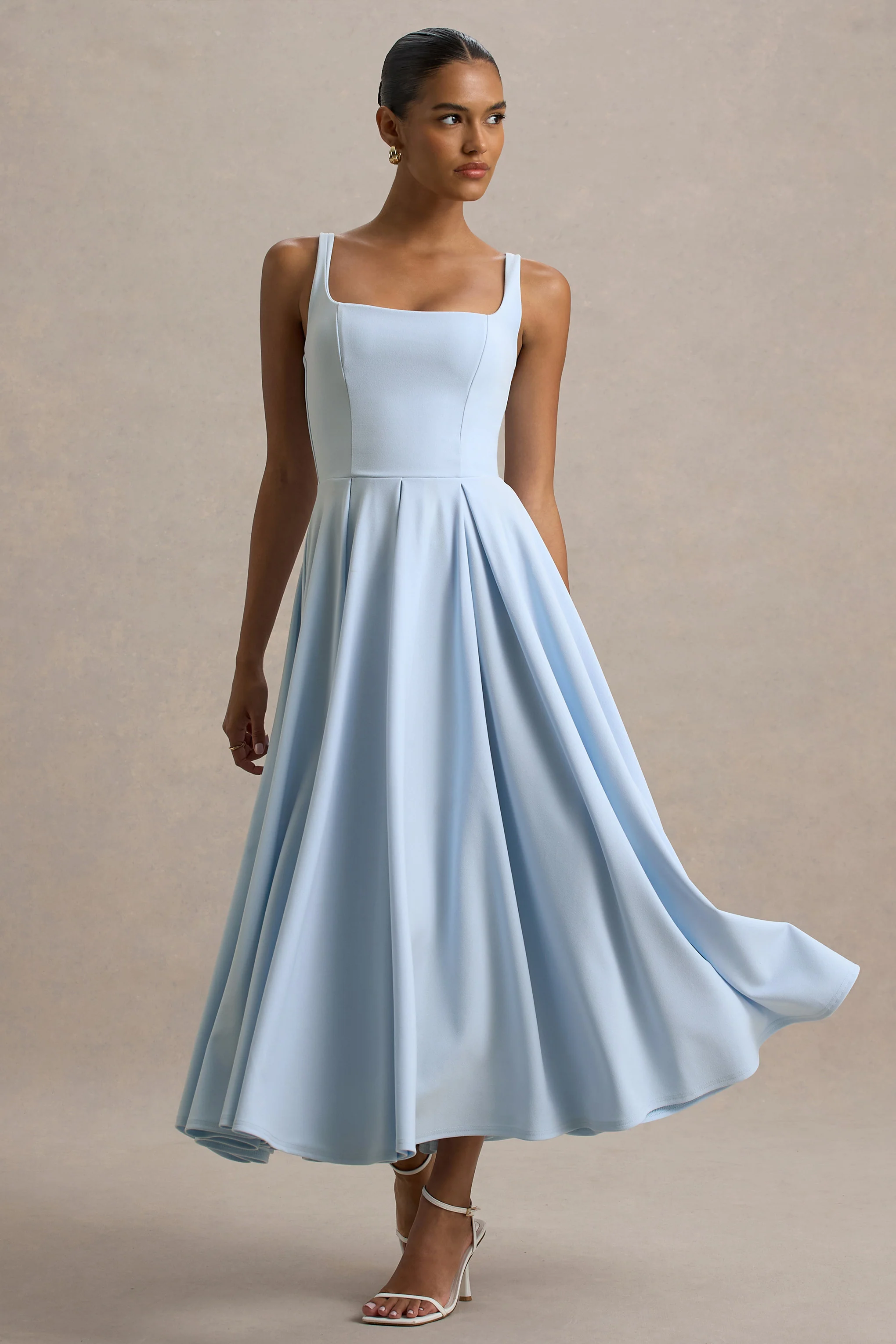 Parina | Powder Blue Strappy Volume-Hem Midi Dress