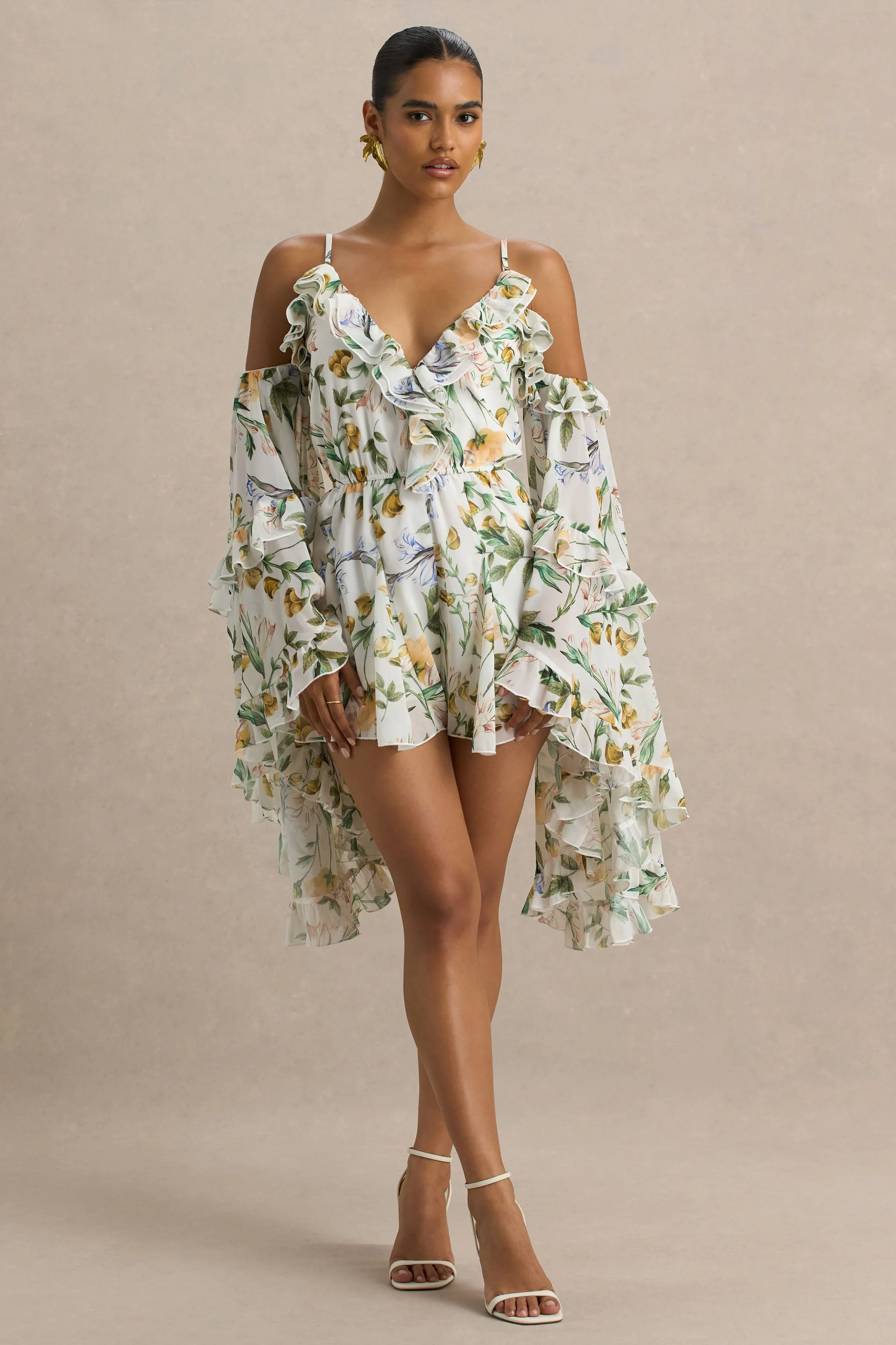 Anaya | White Botanical Print Chiffon Playsuit With Long Sleeves