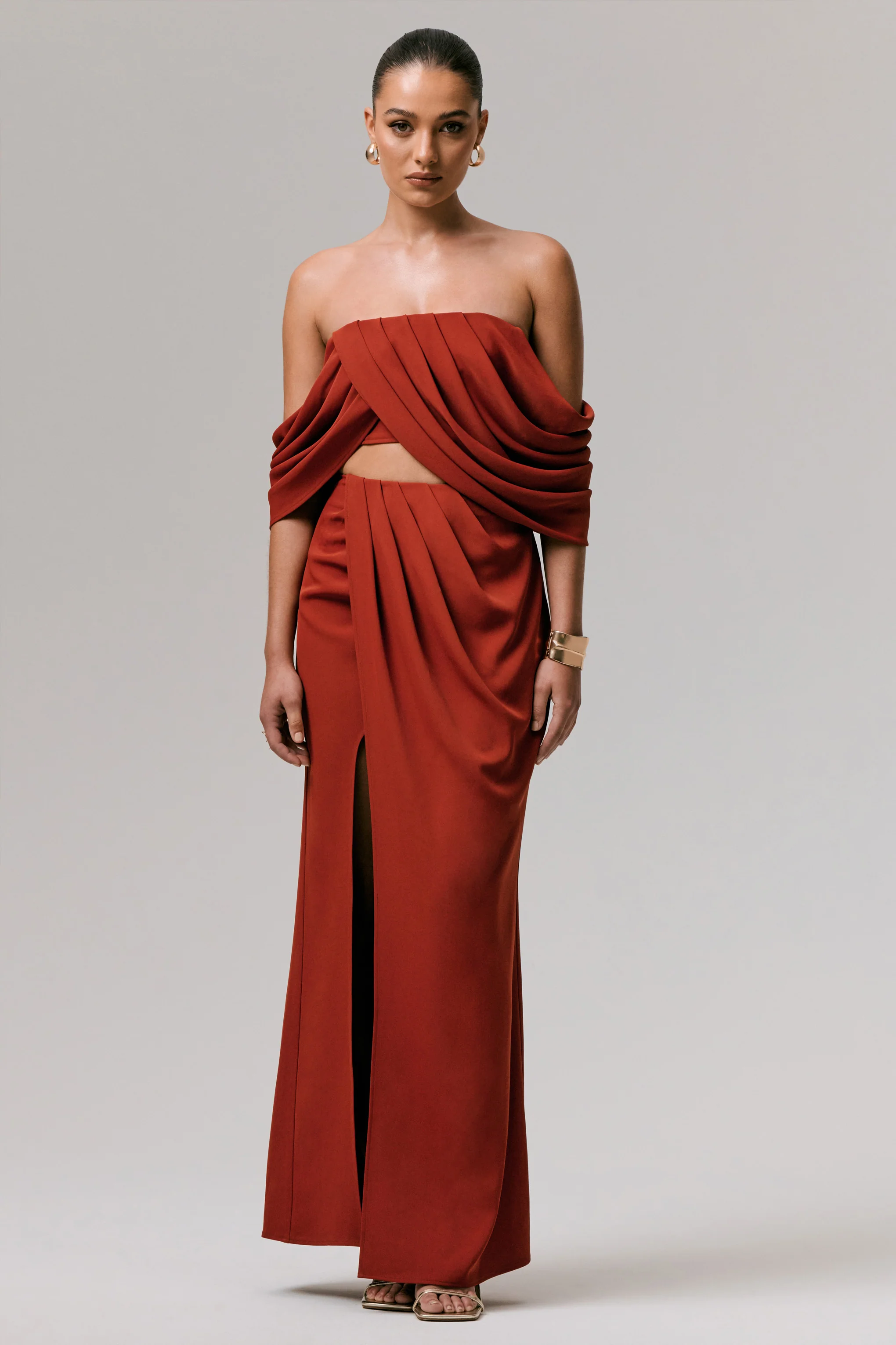 Talika | Terracotta Bardot Crop-Top With Draped Sleeves