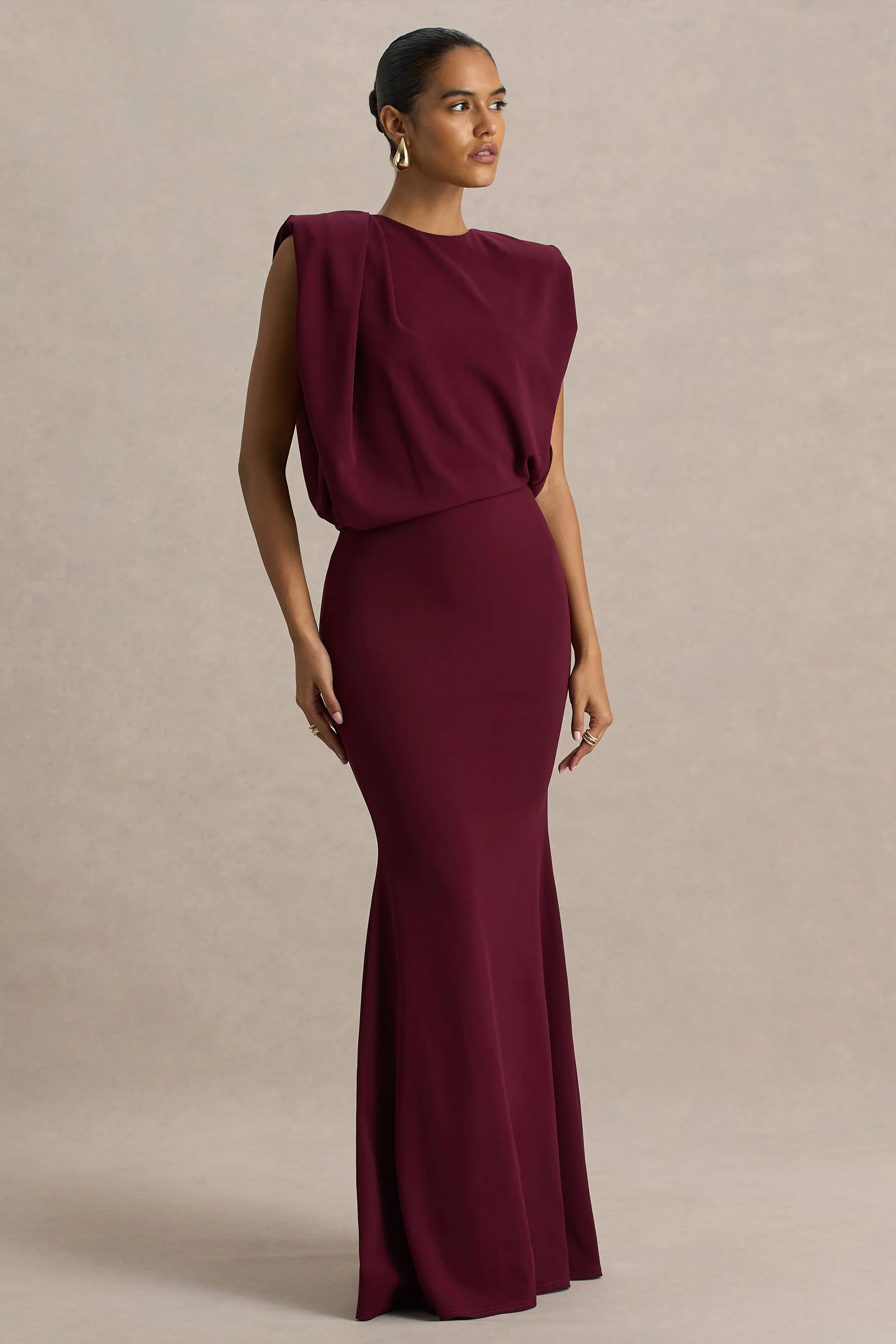 Meave | Burgundy High Neck Maxi Dress With Draping Detail