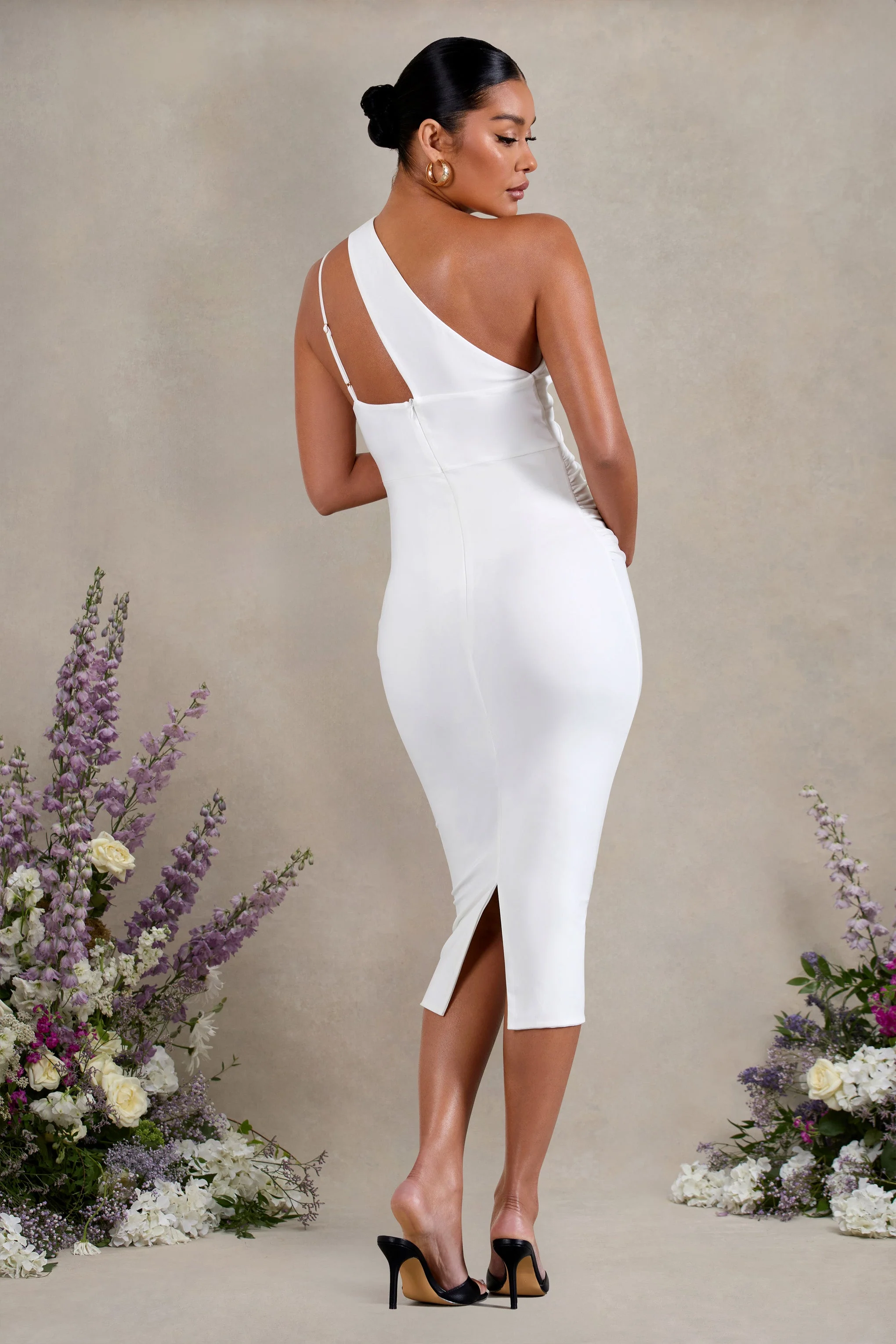 Abigail | White Sleeveless Asymmetric Maternity Midi Dress