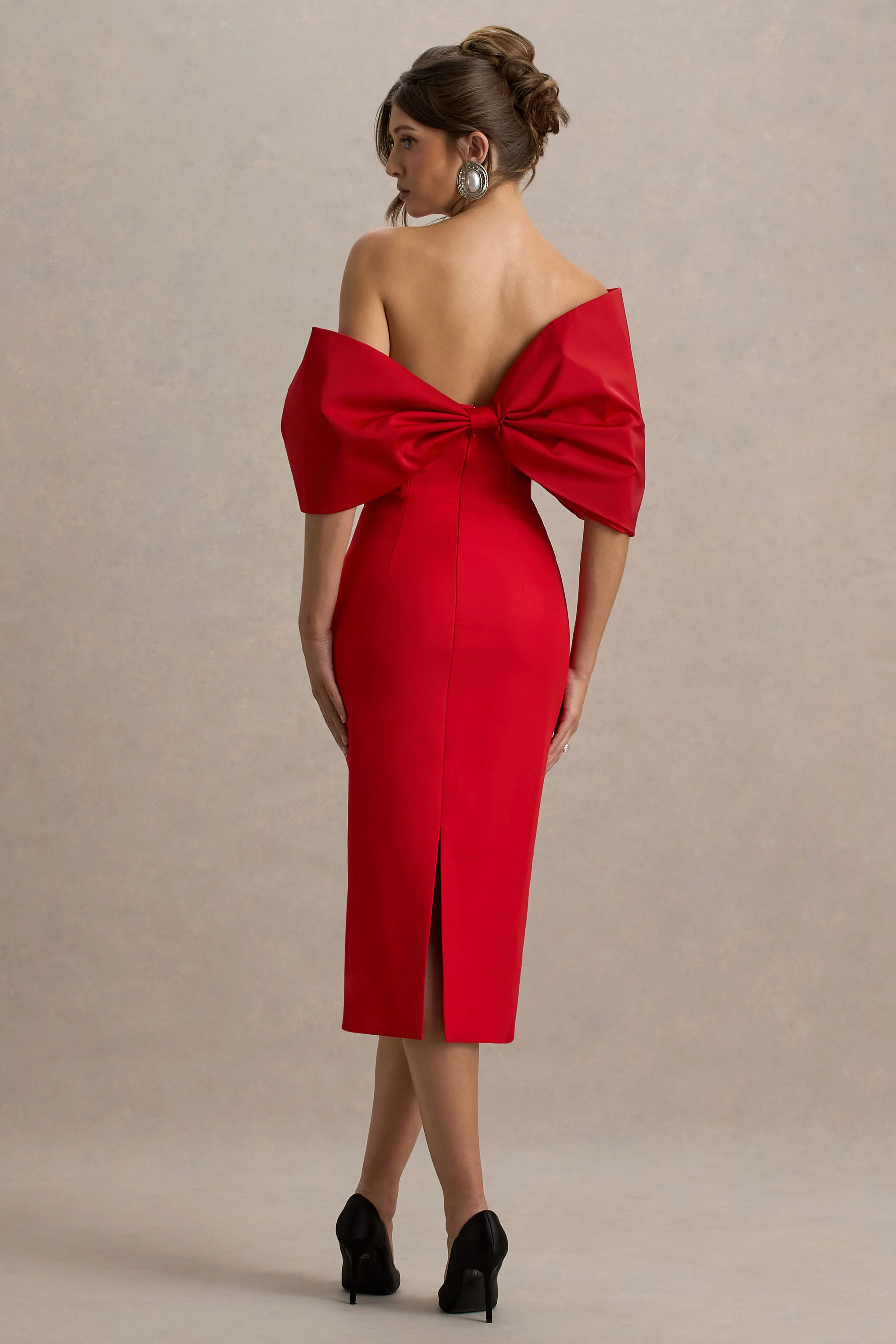 Lucille | Red Asymmetric Bardot Midi Dress
