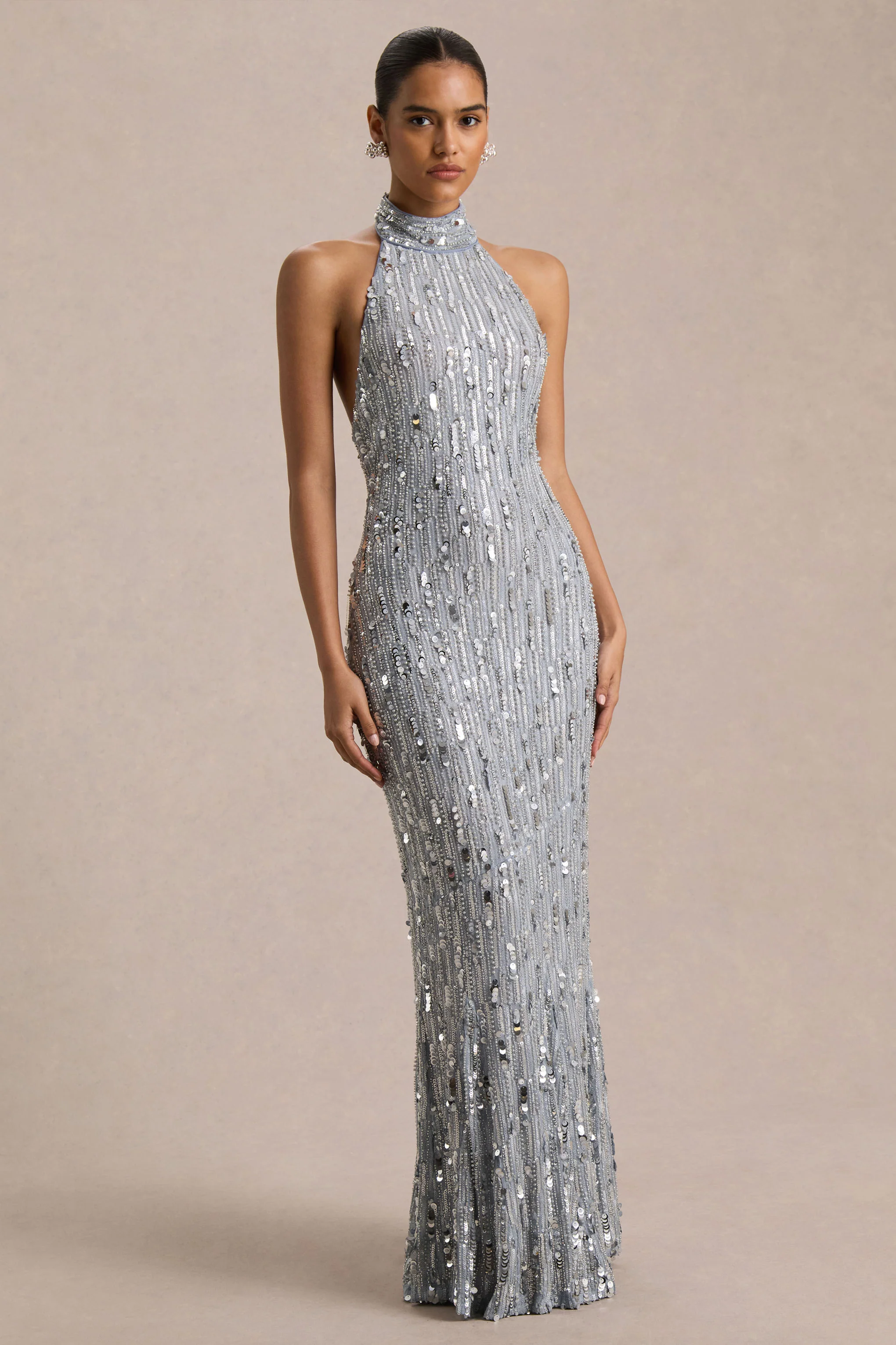 Zaira | Silver Sequin High-Neck Maxi Dress With Open-Back