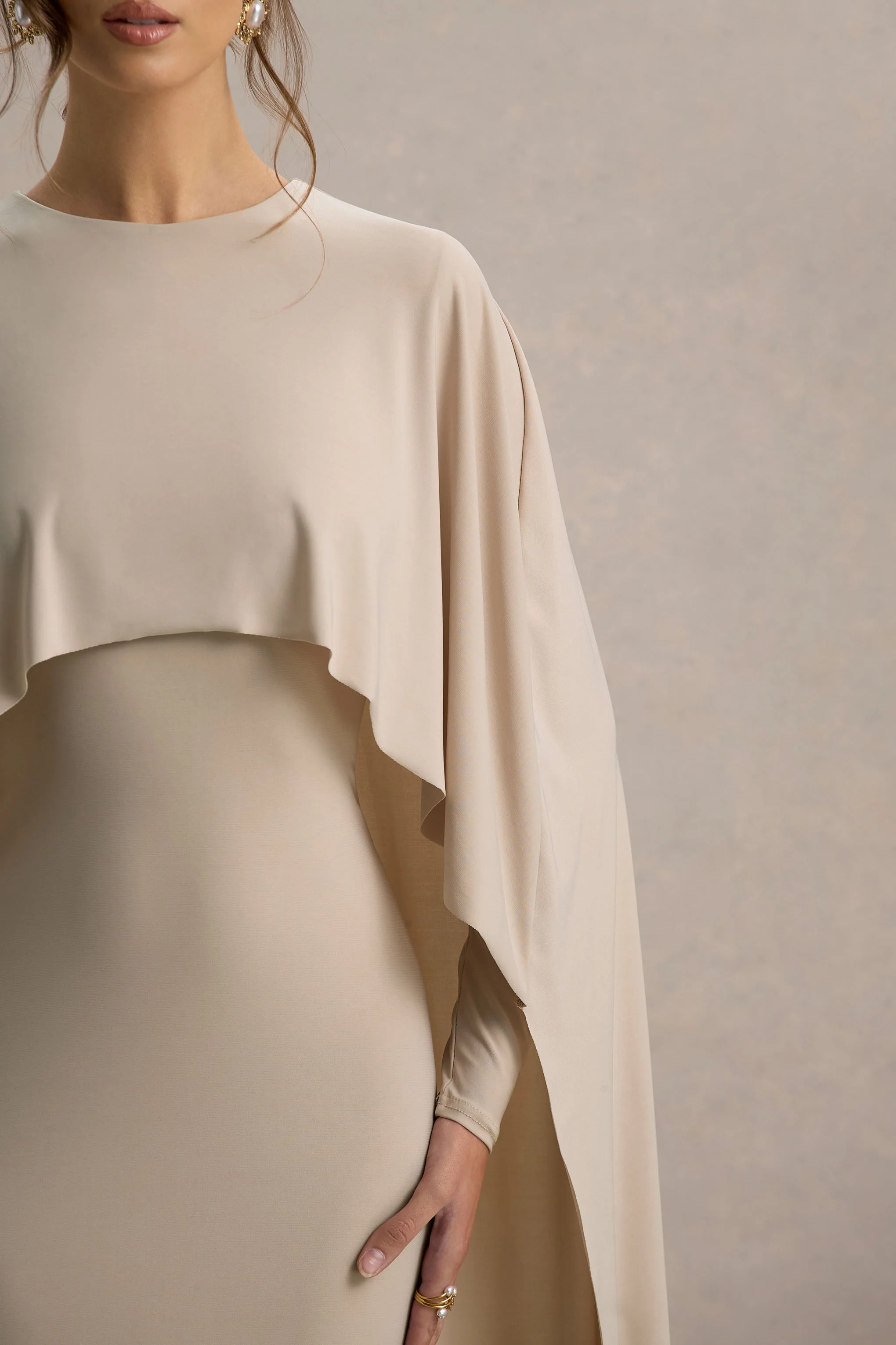 Belinda | Champagne Draped Maxi Dress With Cape Sleeves