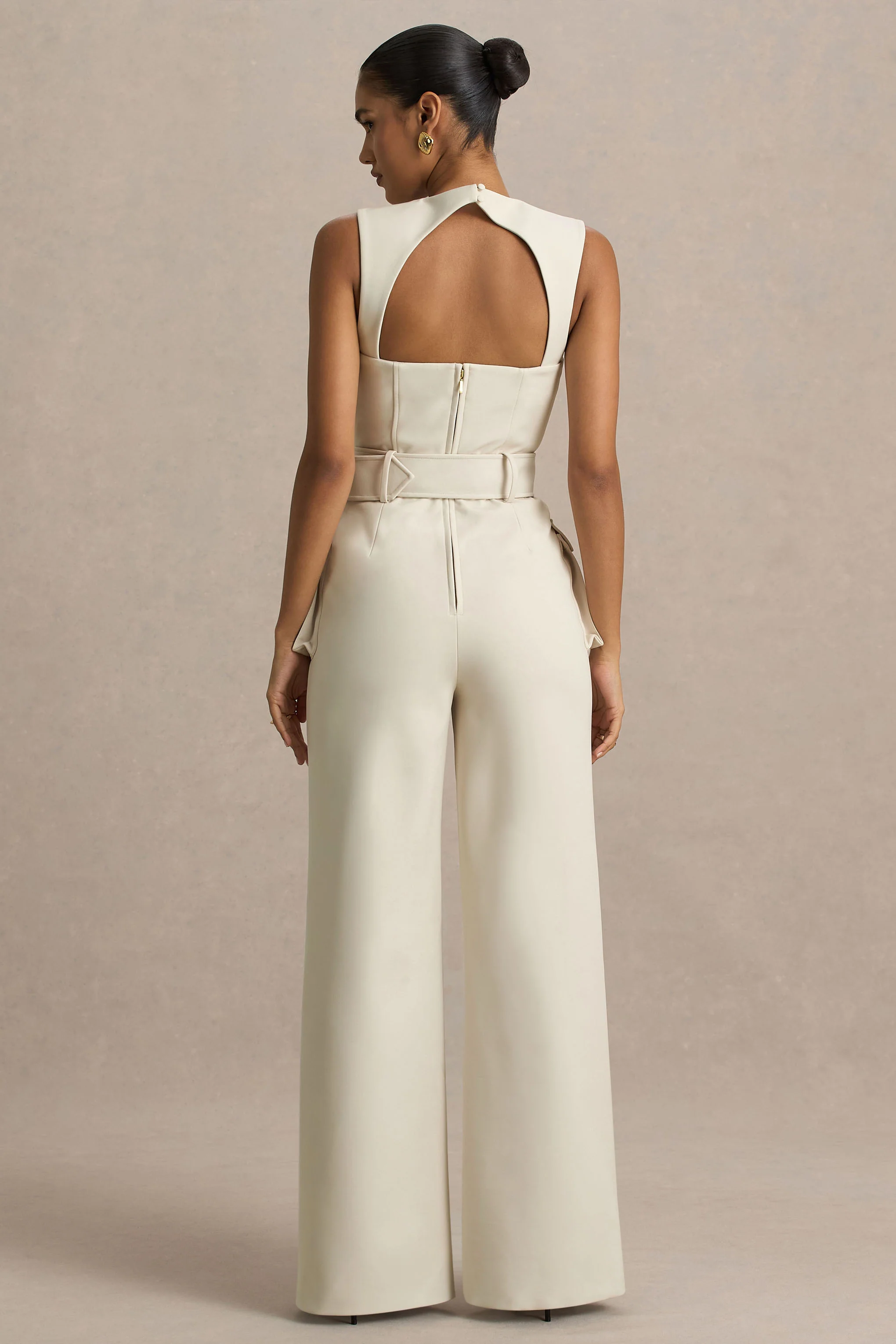 Solice | Cream Square-Neck Tailored Jumpsuit