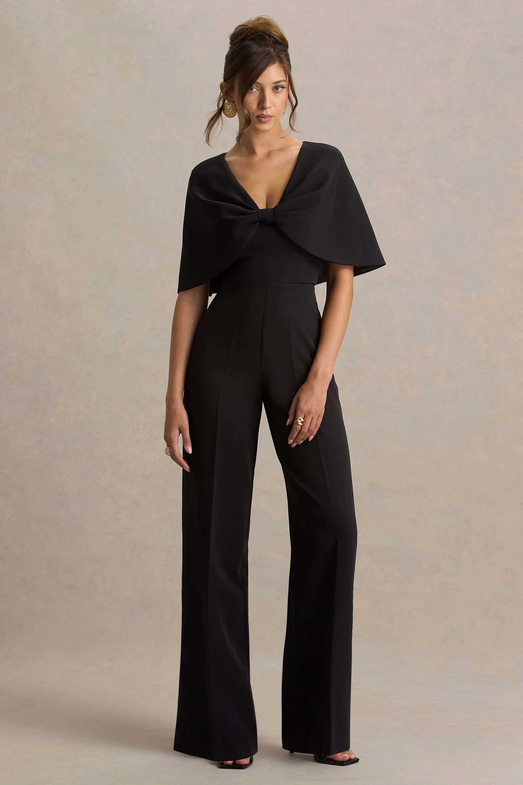 Vivid | Black Plunge-Neck Jumpsuit With Bow-Detail