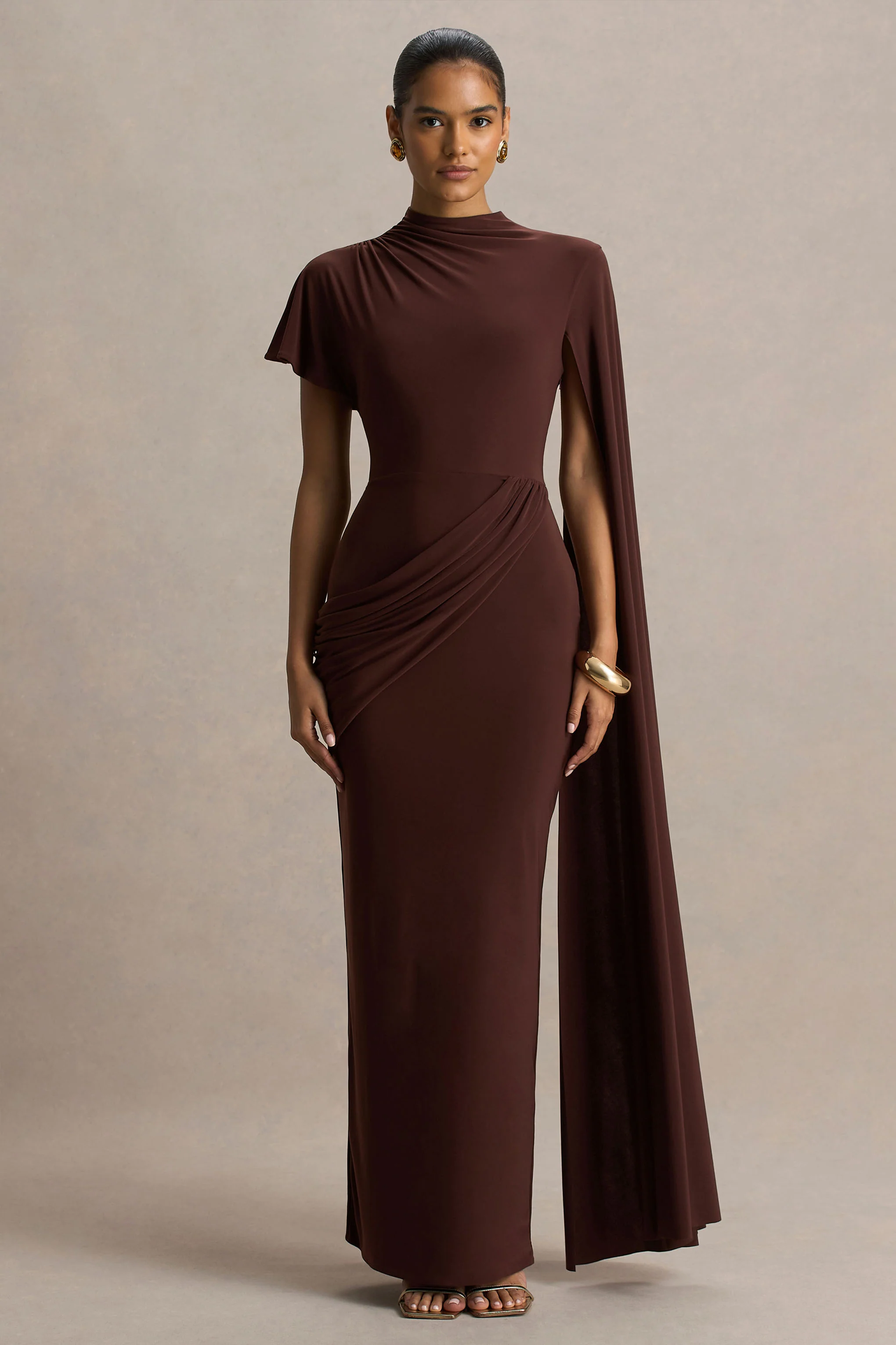 Tropic | Brown High-Neck Maxi With Long Cape Sleeve
