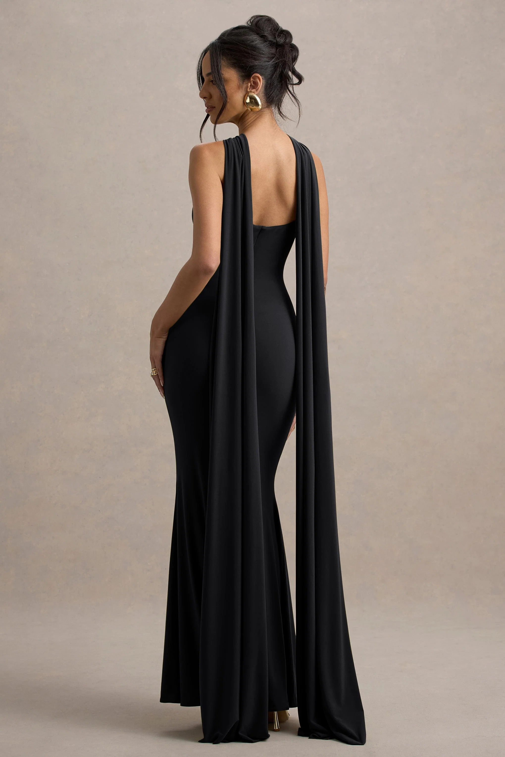 Rhoda | Black Twist Halter-Neck Cape Maxi Dress