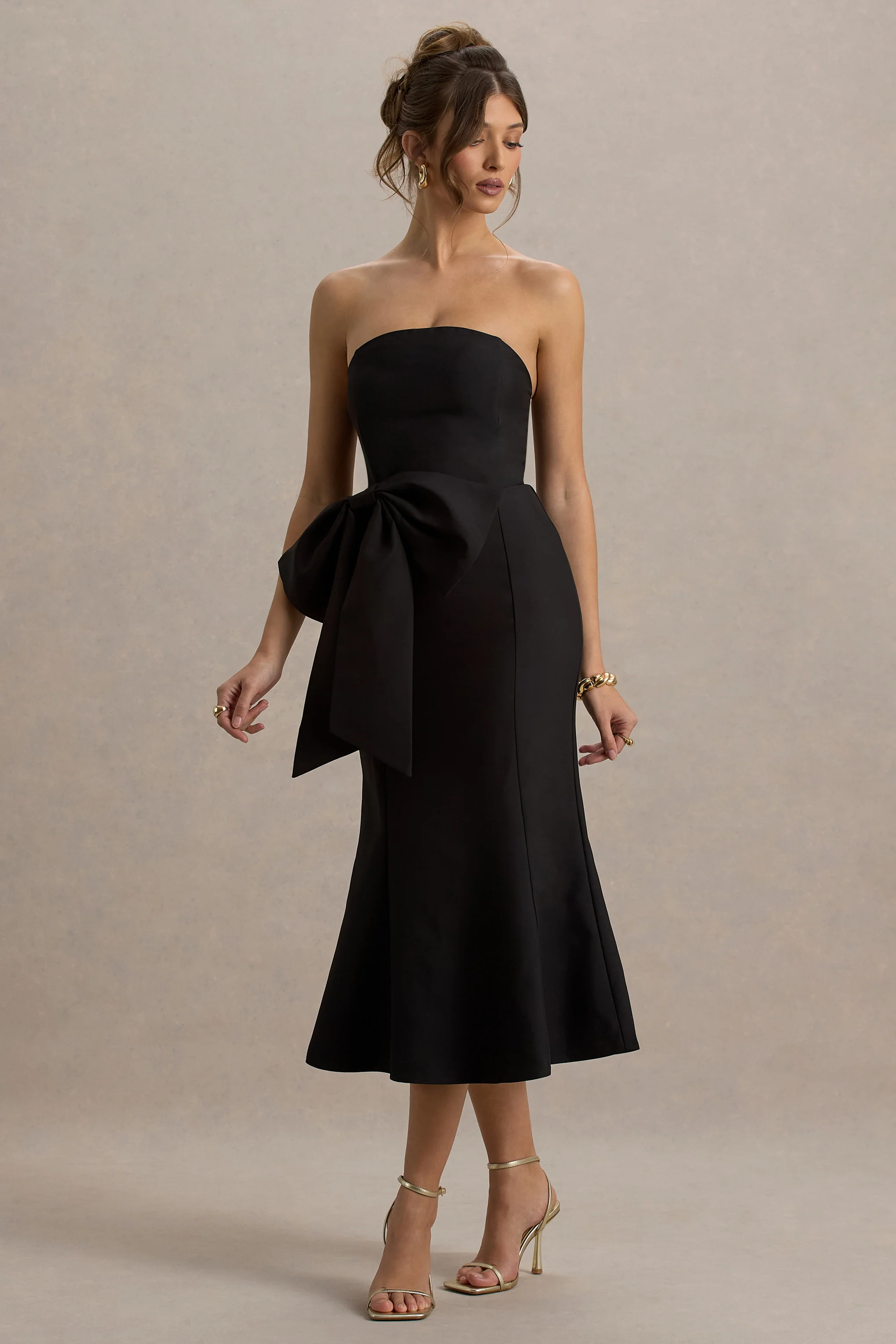 To Me | Black Bandeau Midi Dress With Oversized Bow