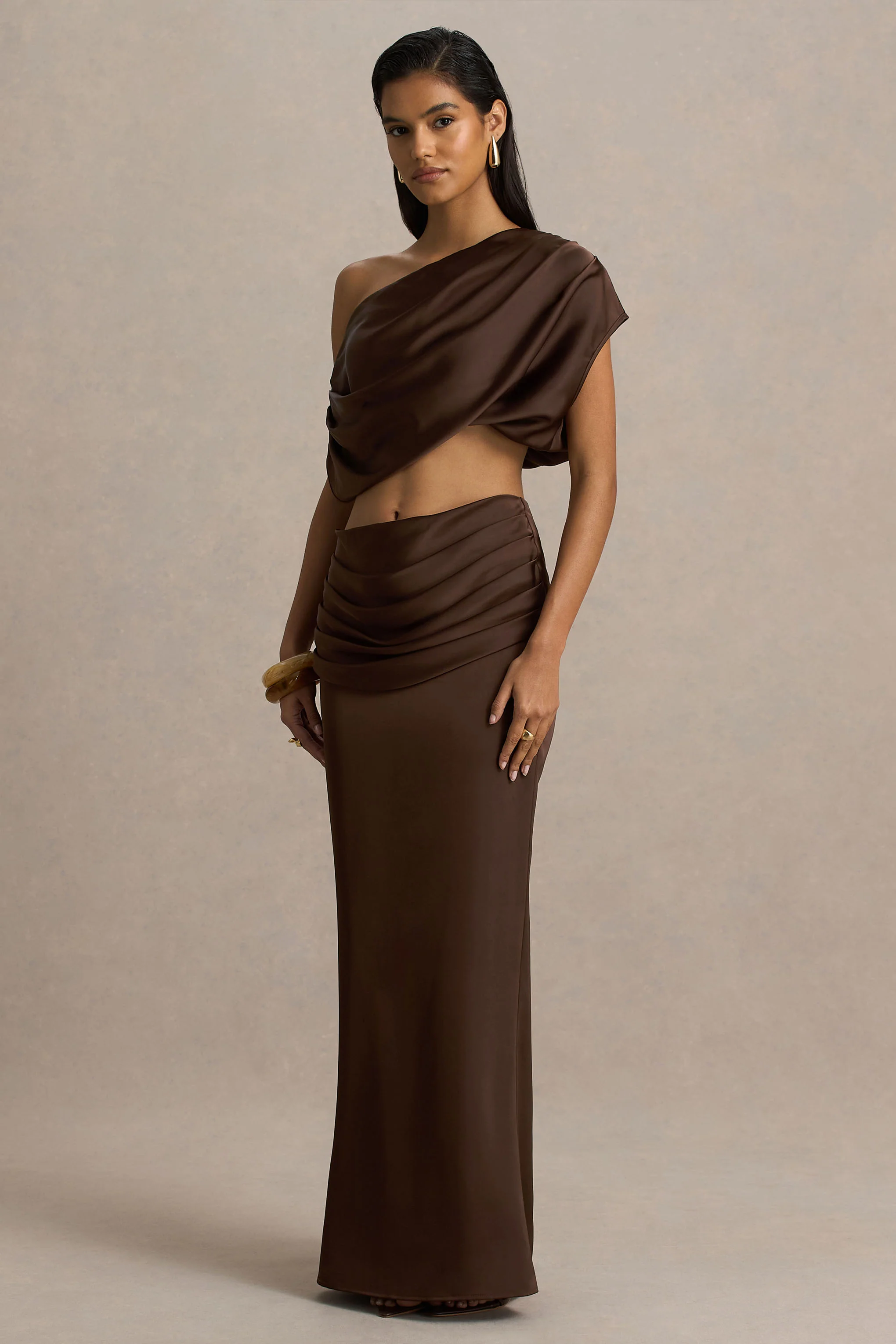 Megan | Brown Satin Wrap Maxi-Skirt With Ruched Detailing