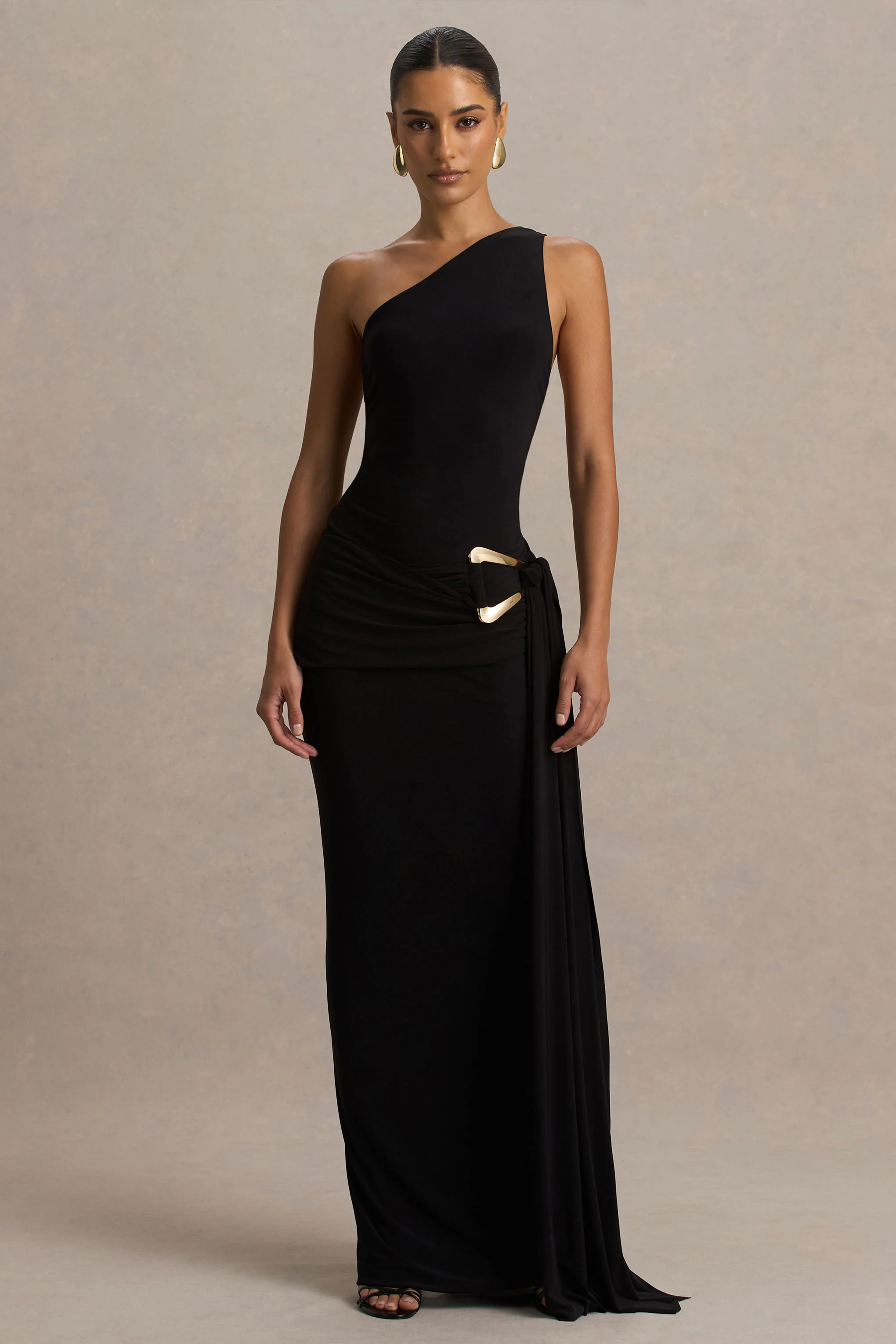 Bonnie | Black Asymmetric-Neck Maxi Dress With Ruched-Detailing
