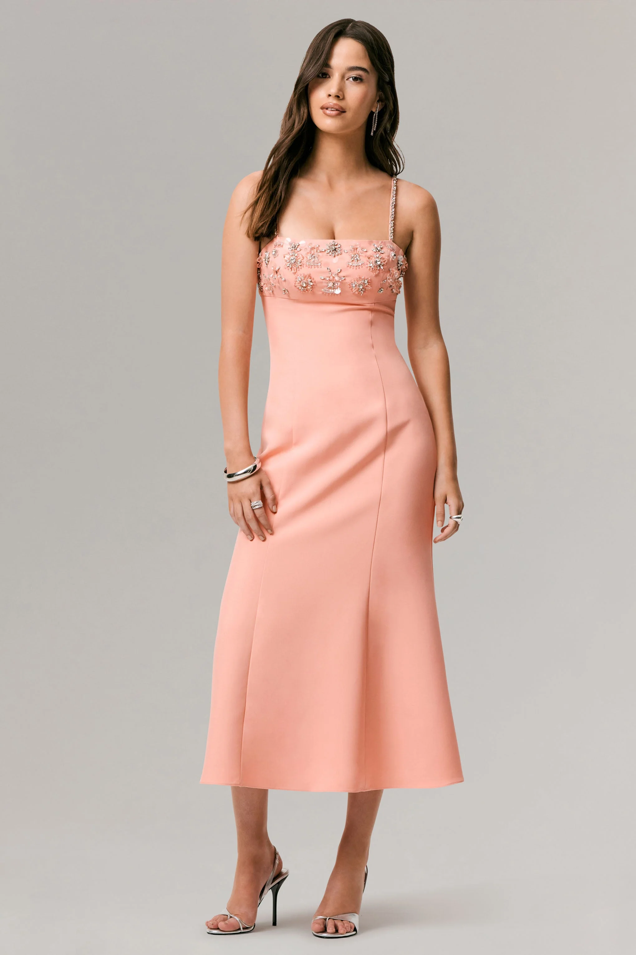 One To Remember | Coral Square-Neck Embellished Midi Dress