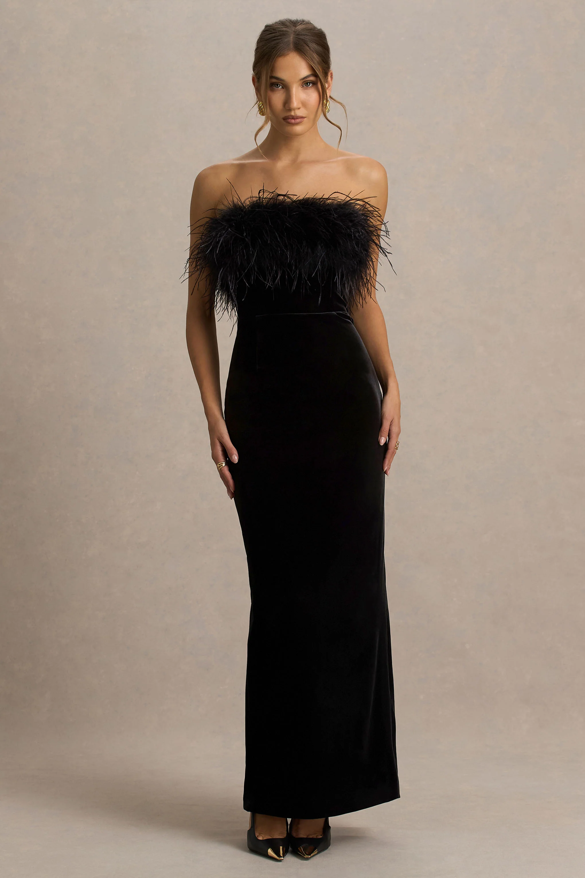 Arella | Black Velvet Bandeau Maxi Dress With Feather Trim