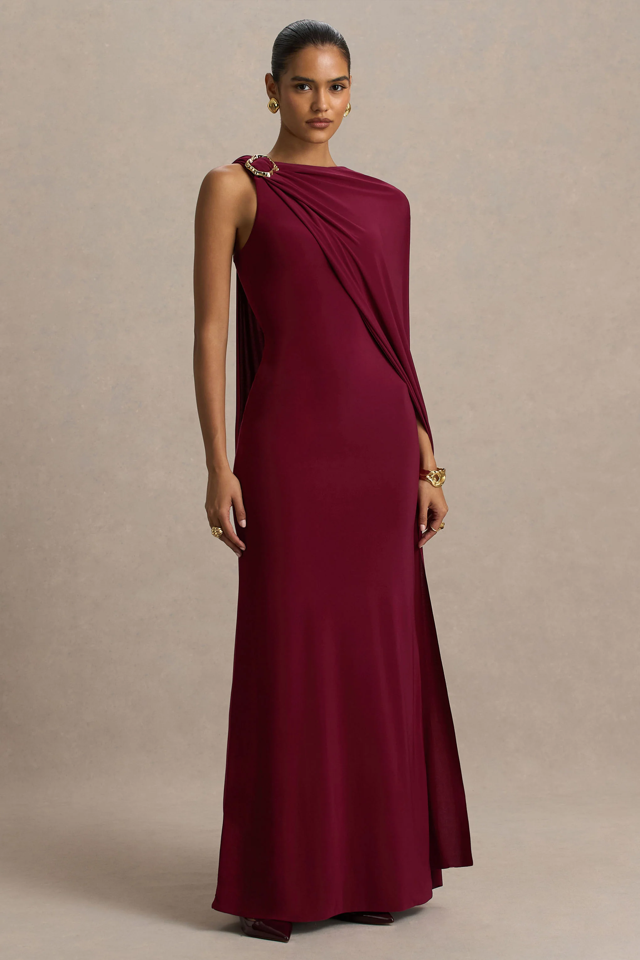 Cressida | Burgundy Asymmetric-Neck Maxi Dress With Cape