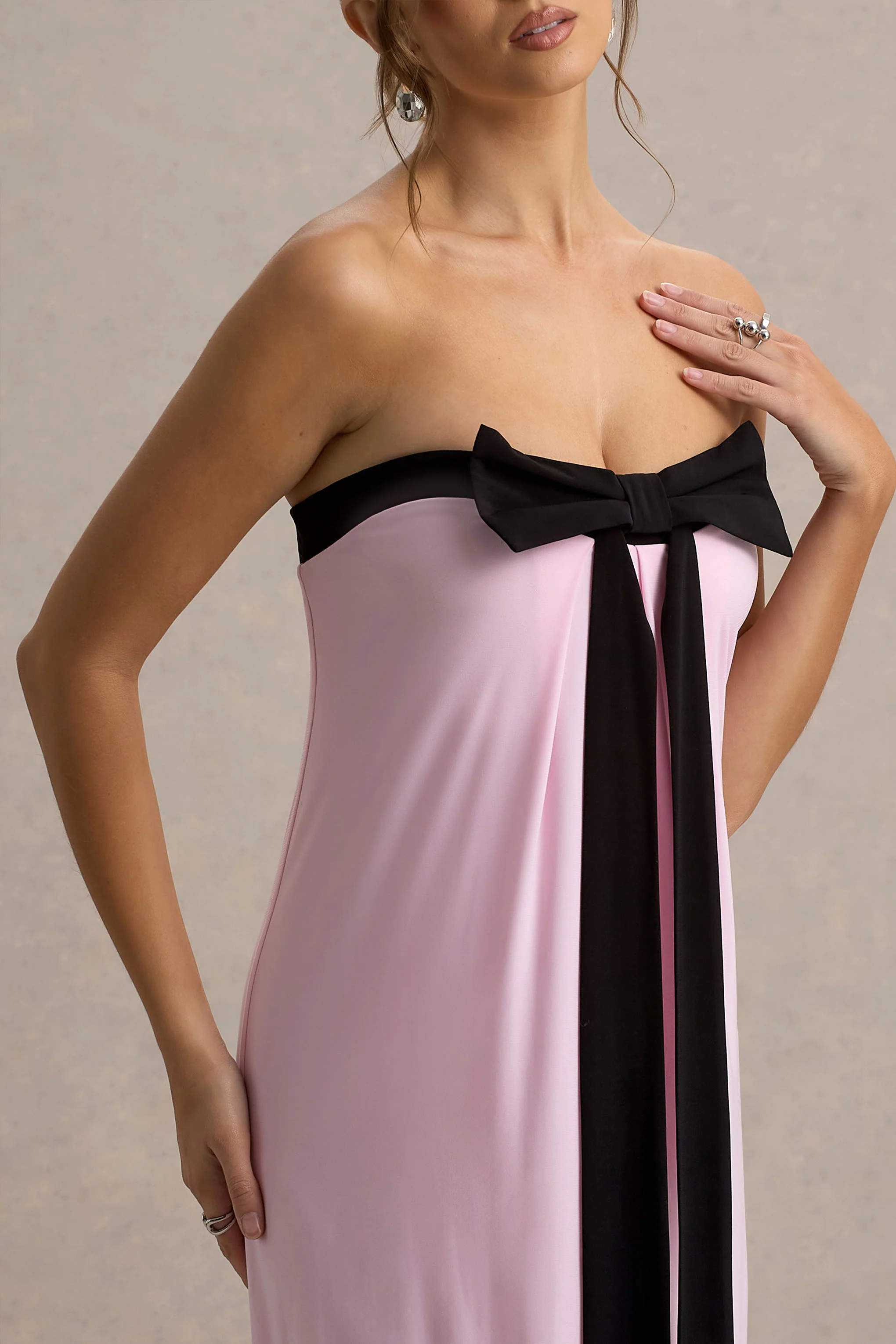 Mckenna | Pink Strapless Maxi Dress With Black Bow