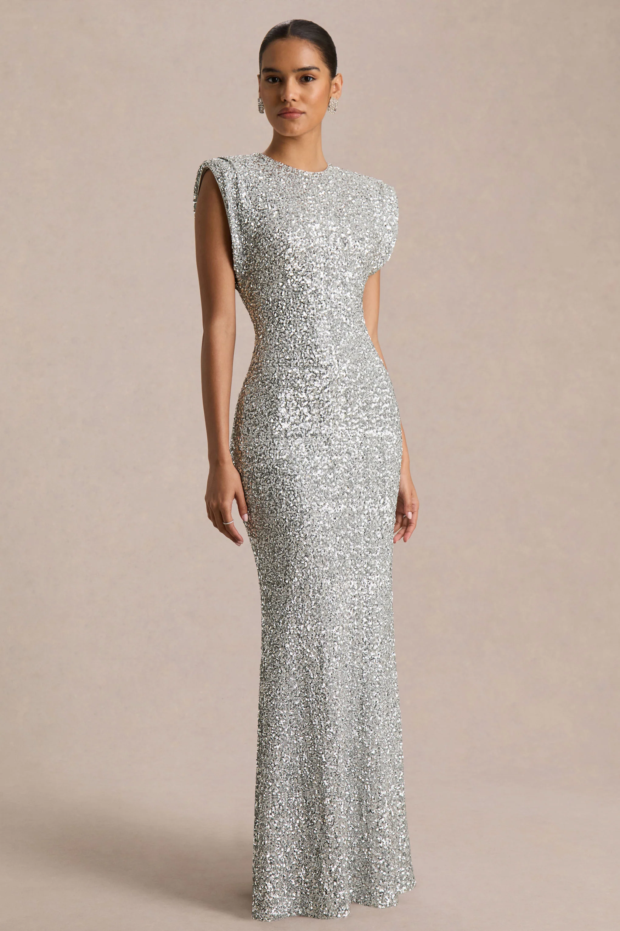 Aurah | Silver Sequin Crew-Neck Maxi Dress With Cap Sleeves