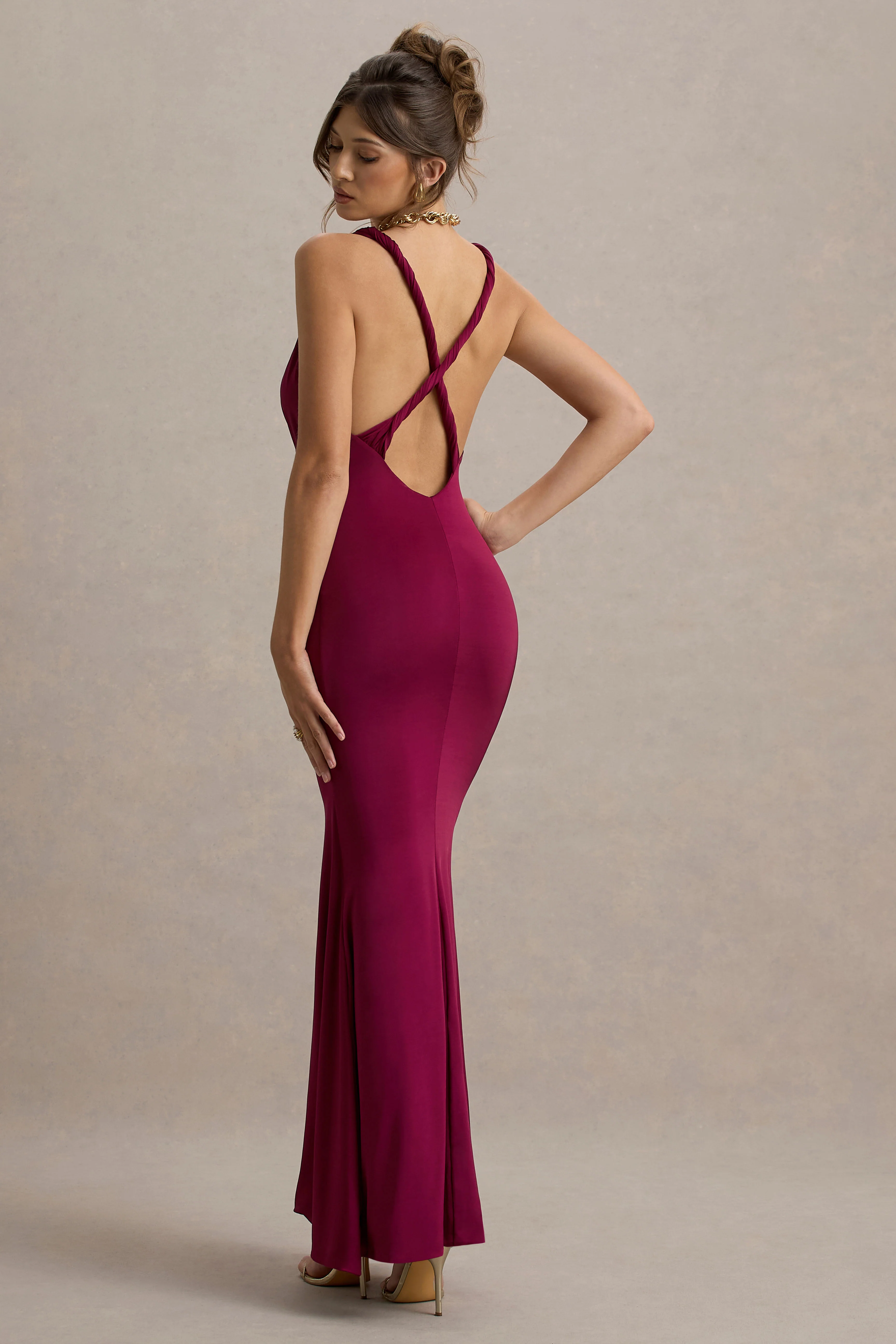 Santez | Dark Cherry Twisted Plunge-Neck Maxi Dress