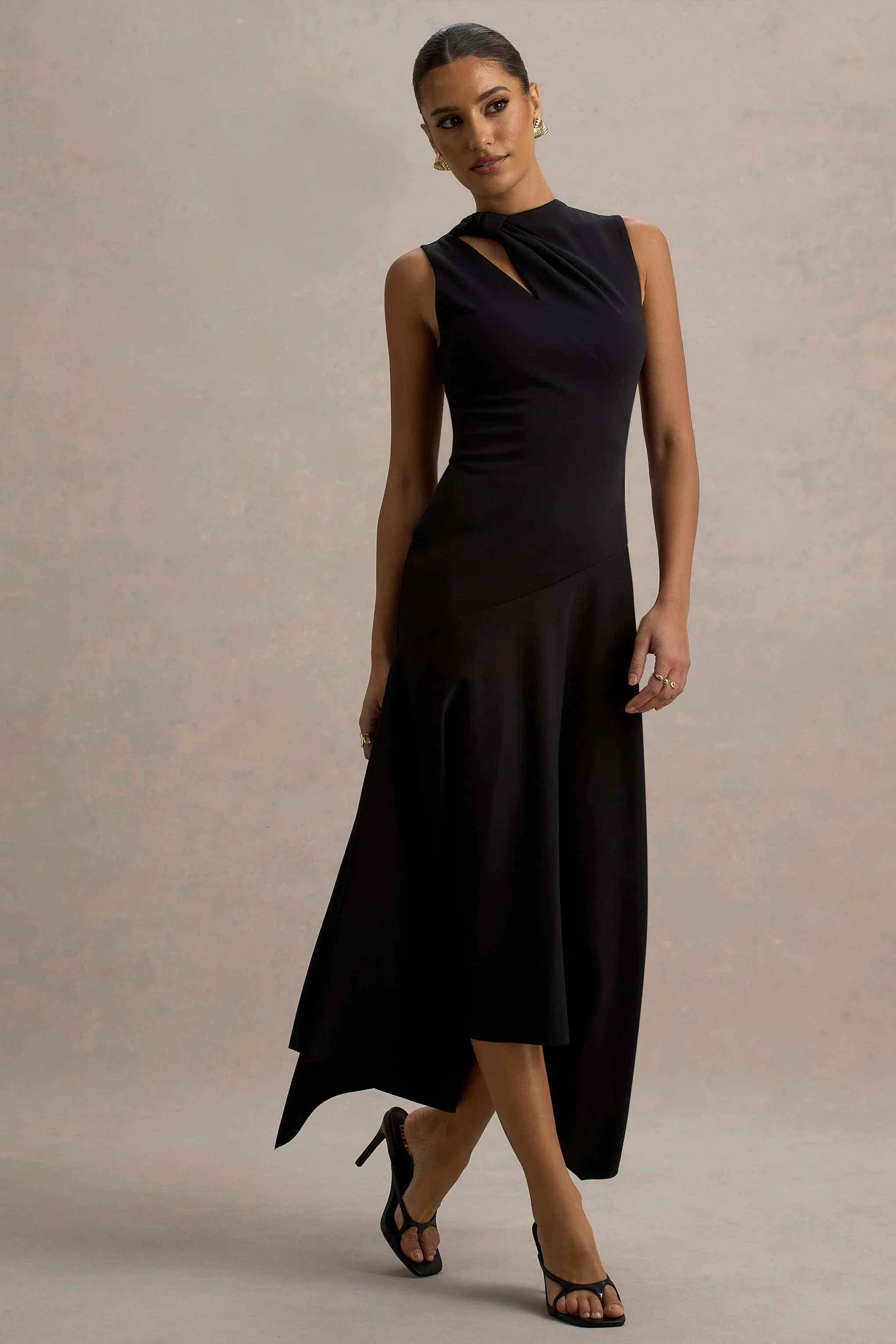 Francesca | Black Knotted Midi Dress With Handkerchief Hem
