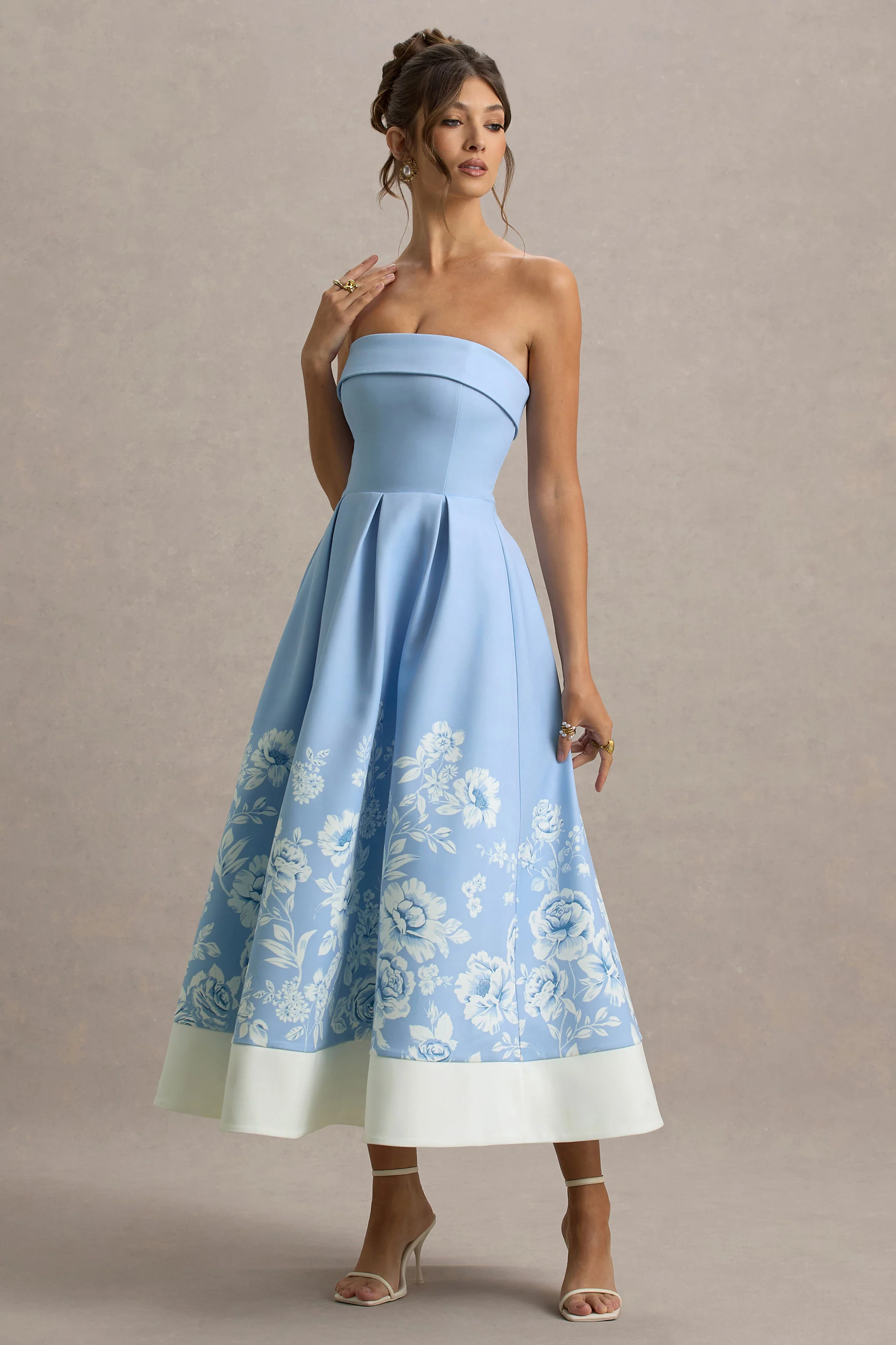 Annalise | Light Blue Floral Print Bandeau Skater Midi Dress
