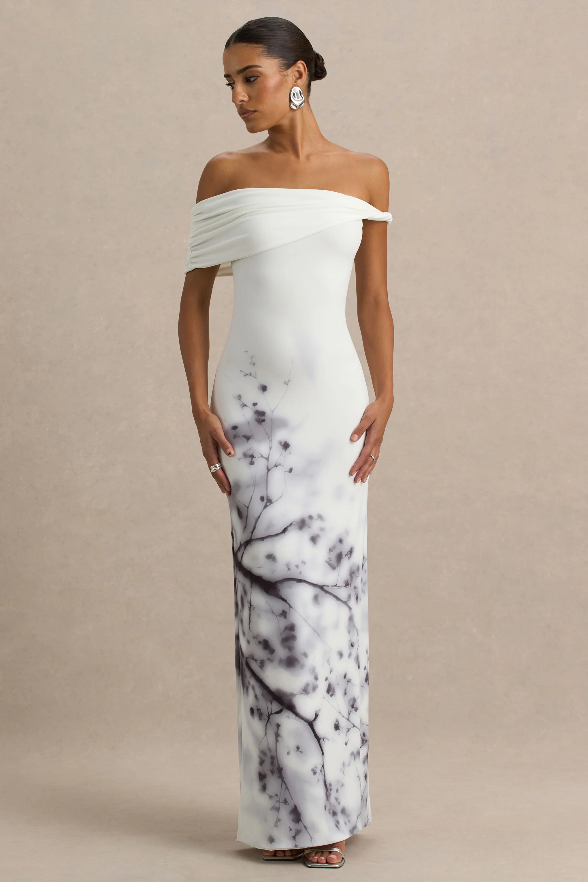 Sachi | White Print Twisted Bardot Maxi Dress
