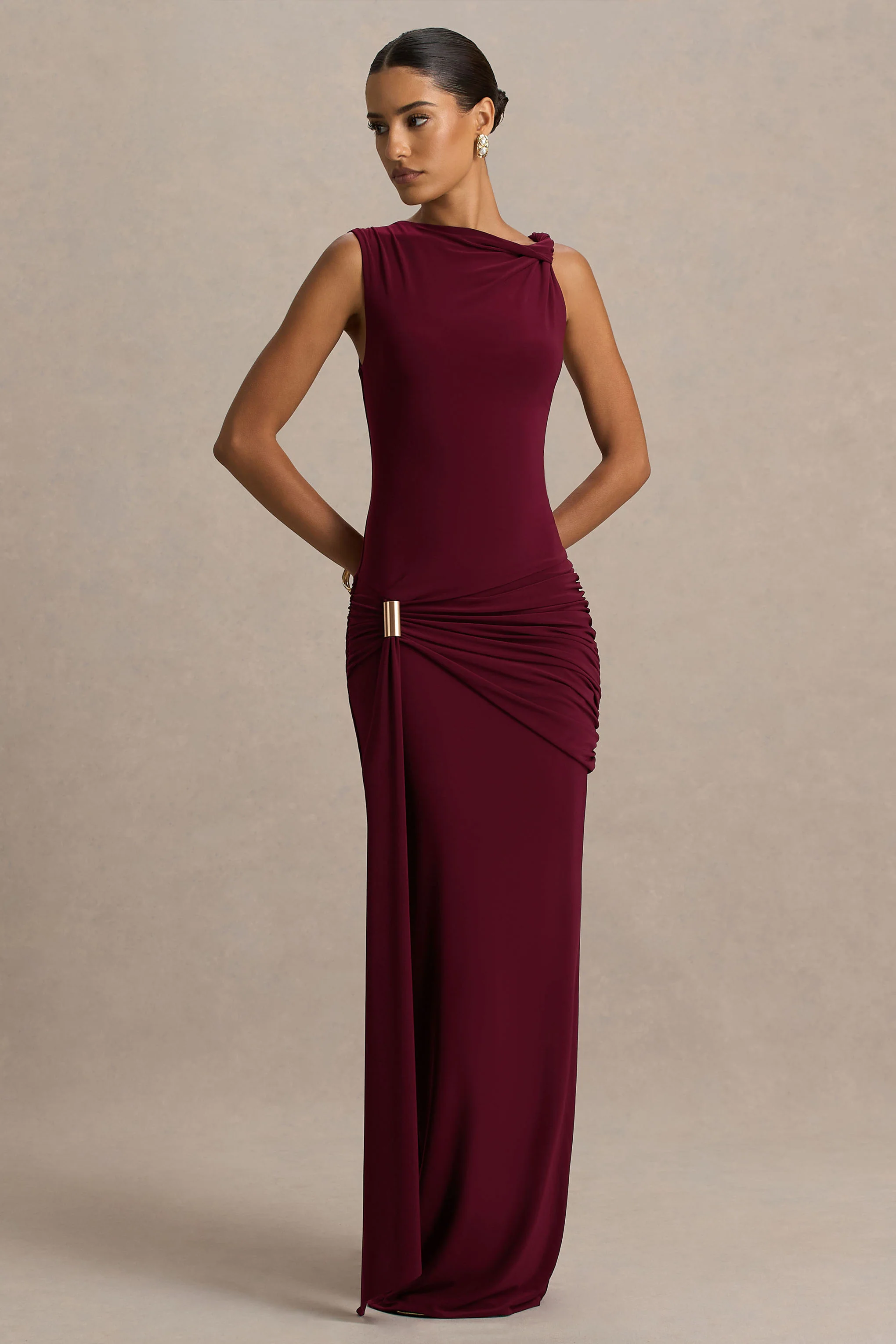 Decadence | Burgundy High-Neck Wrapped Maxi Dress With Twist-Sleeve
