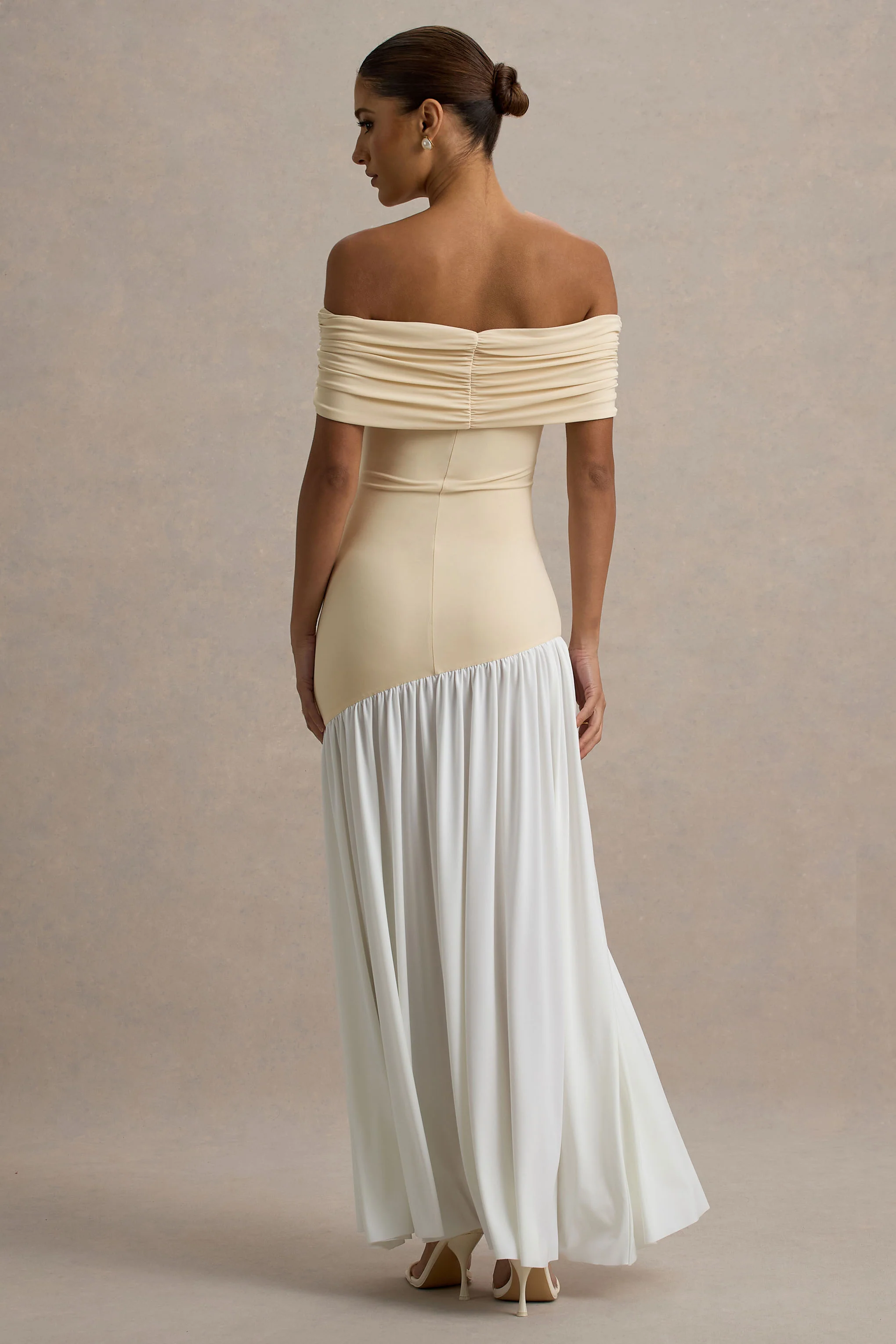 Venezia | Stone & White Bardot Puff-Skirt Maxi Dress