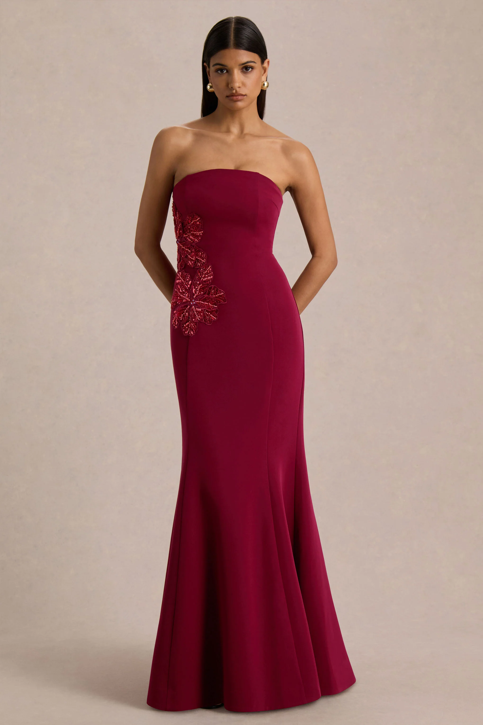 Aylana | Burgundy Bandeau Maxi Dress With Embellishment Detail