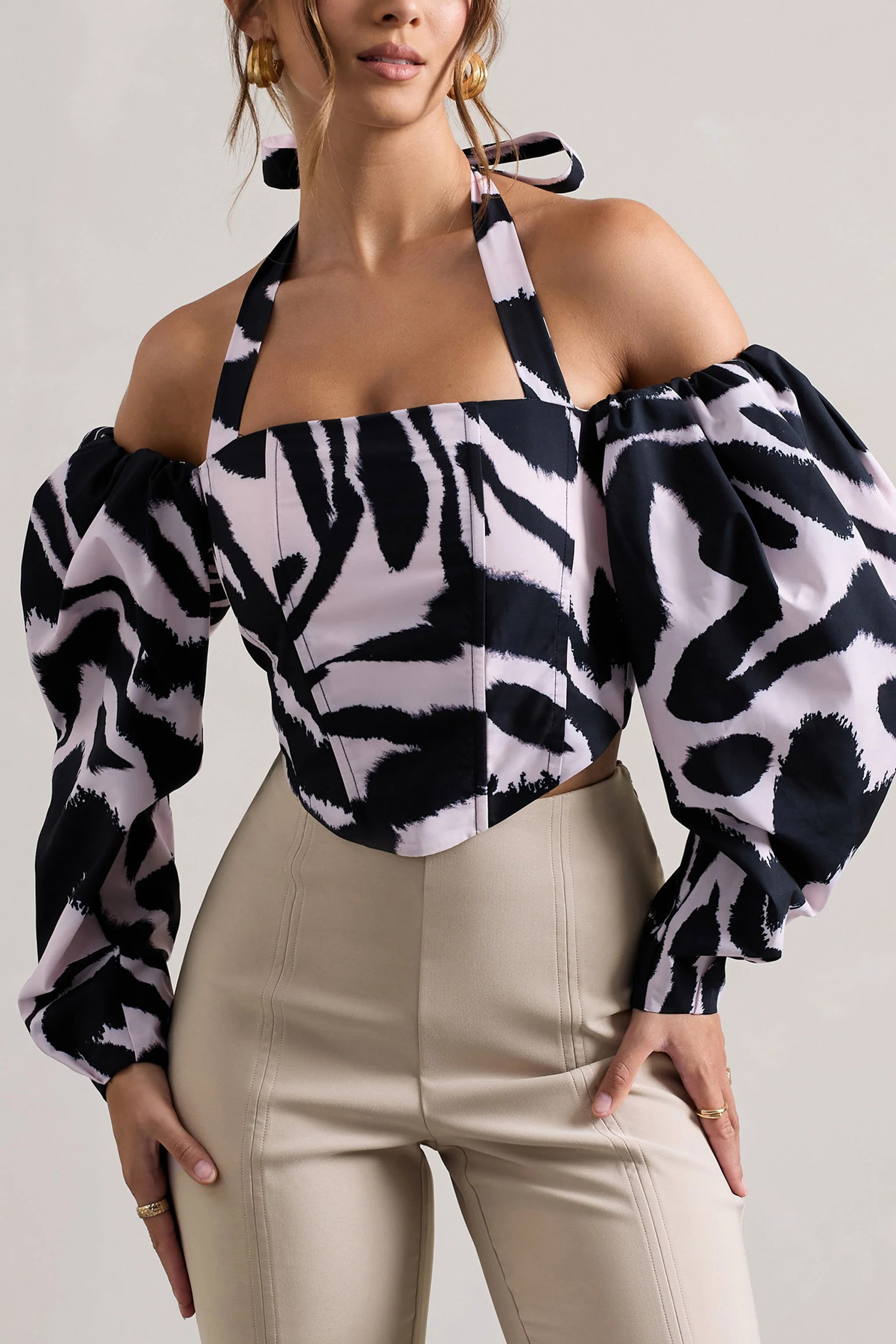 Theatric | Zebra Print Halter-Neck Corset Top With Puff-Sleeves