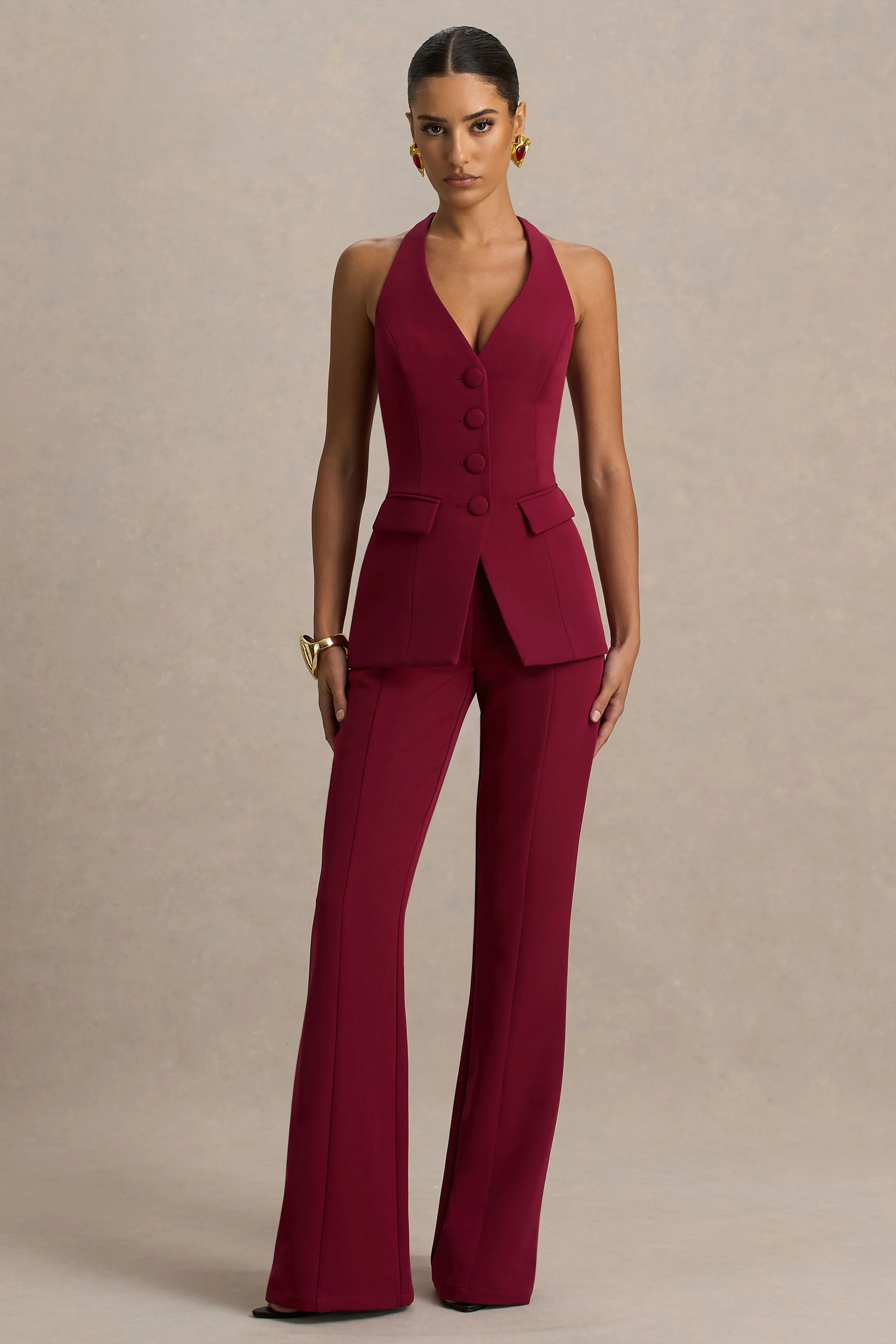 Carina | Burgundy Flared-Leg Tailored Trousers