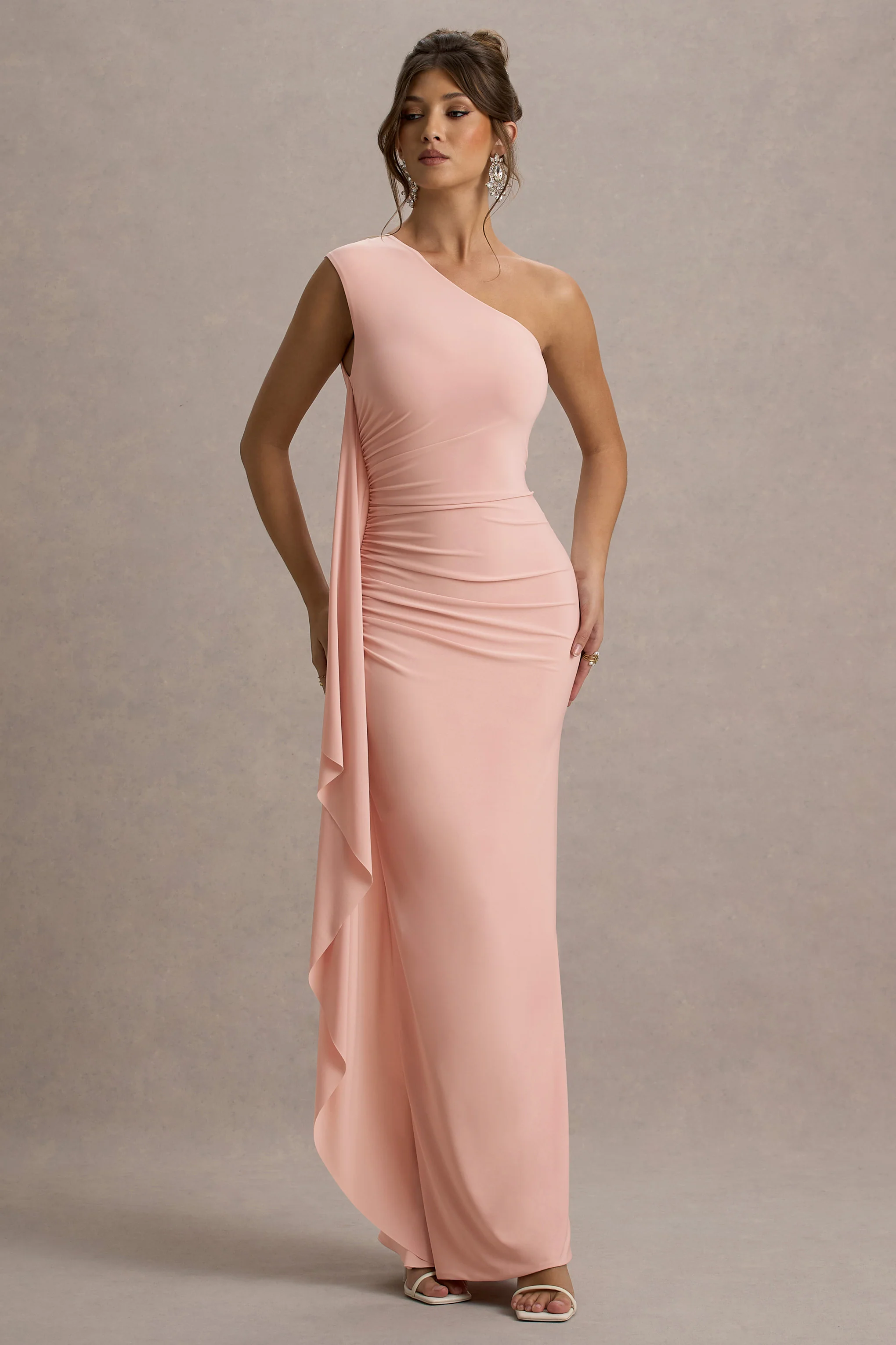Adelina | Pink One-Shoulder Maxi Dress With Drape