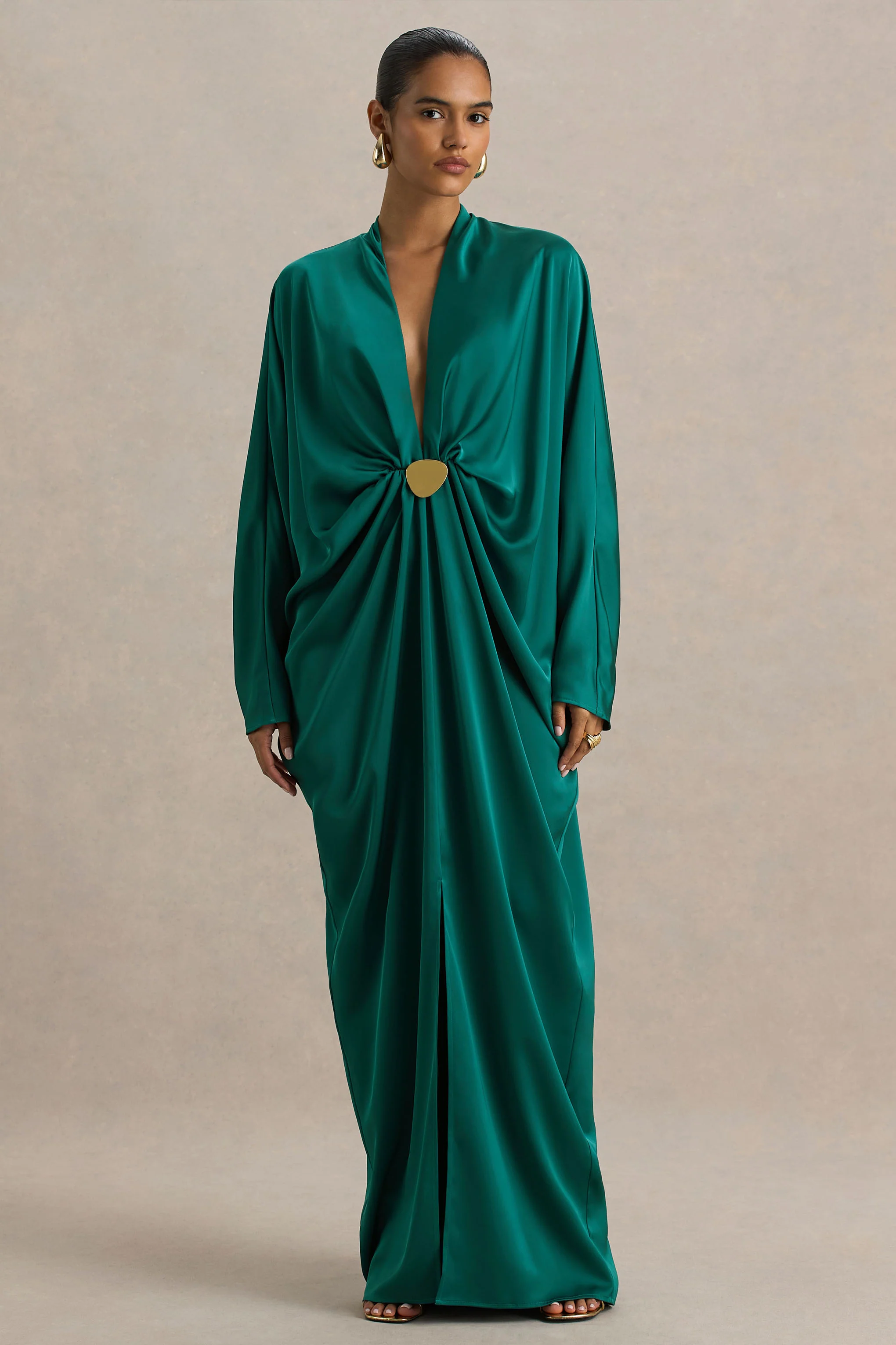 Tina | Dark Green Satin Plunge-Neck Embellished Maxi Dress