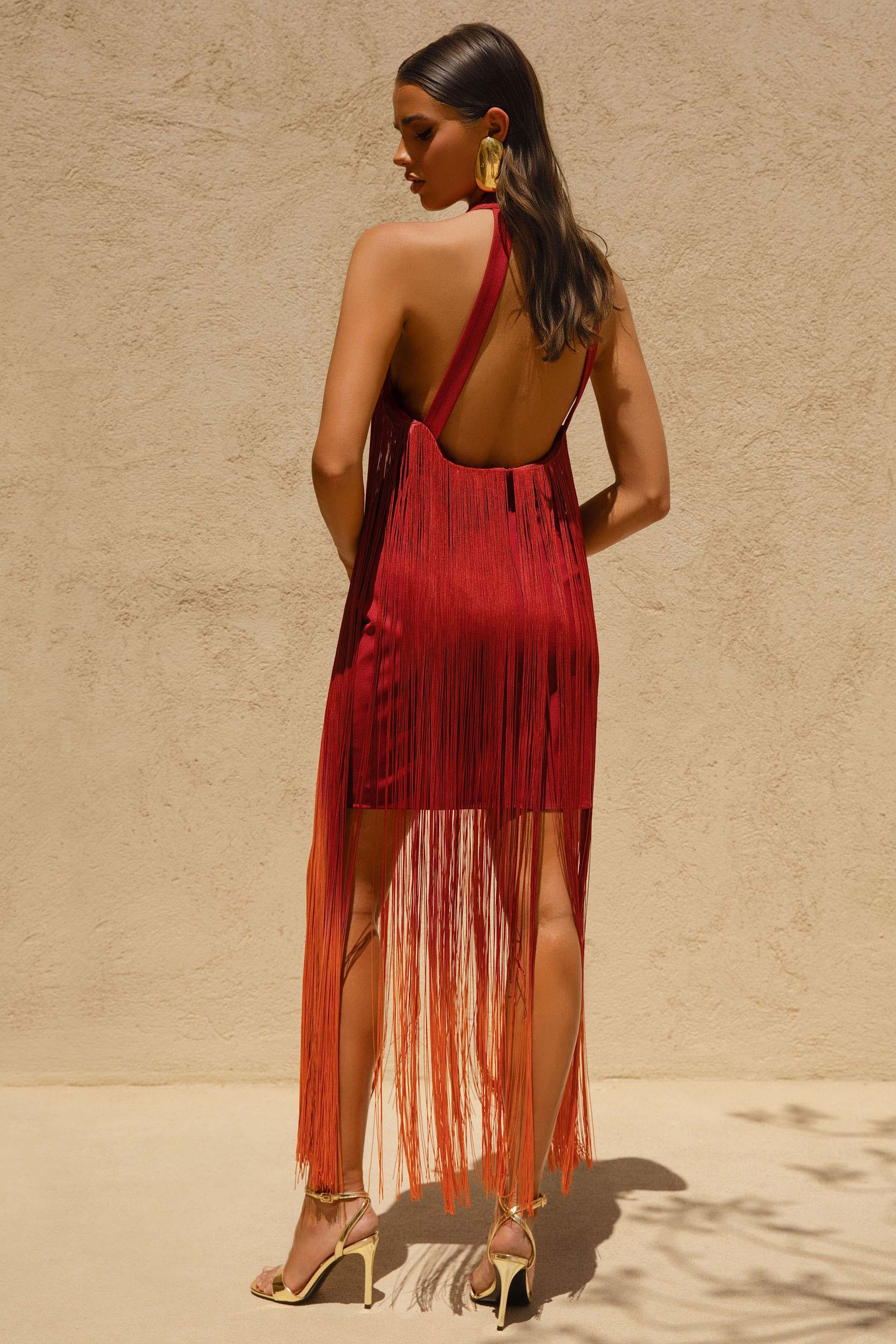 Alessia | Orange Ombre Fringe High-Neck Maxi Dress