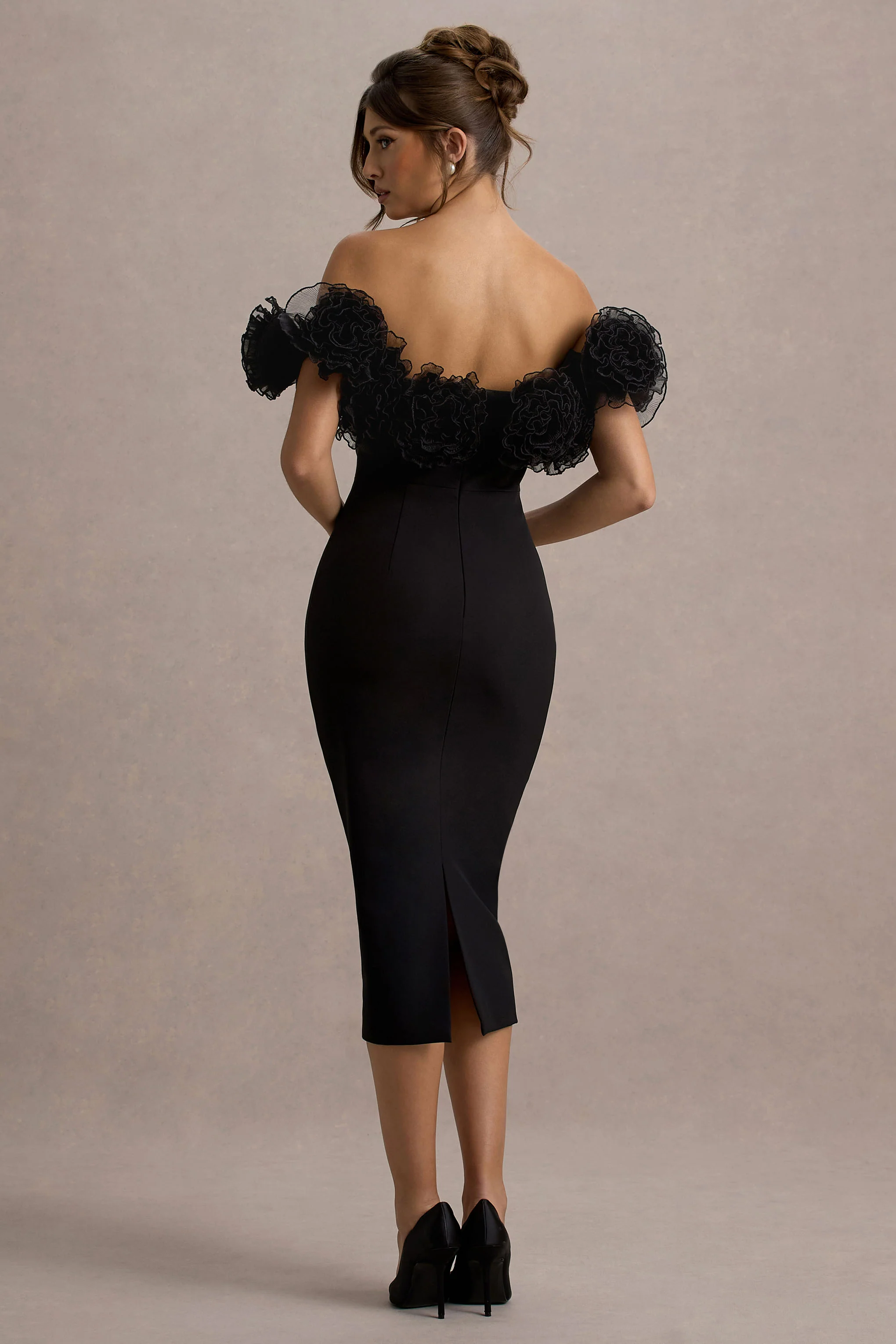 Alizzi | Black Bardot Midi Dress With Ruffle Trim